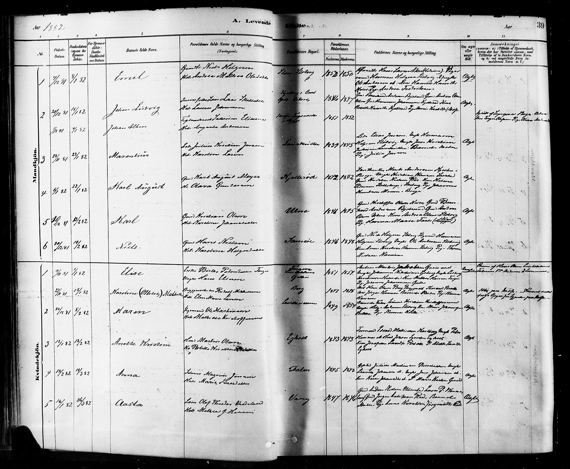 Rygge prestekontor Kirkebøker, AV/SAO-A-10084b/F/Fa/L0007: Parish register (official) no. 7, 1878-1904, p. 39