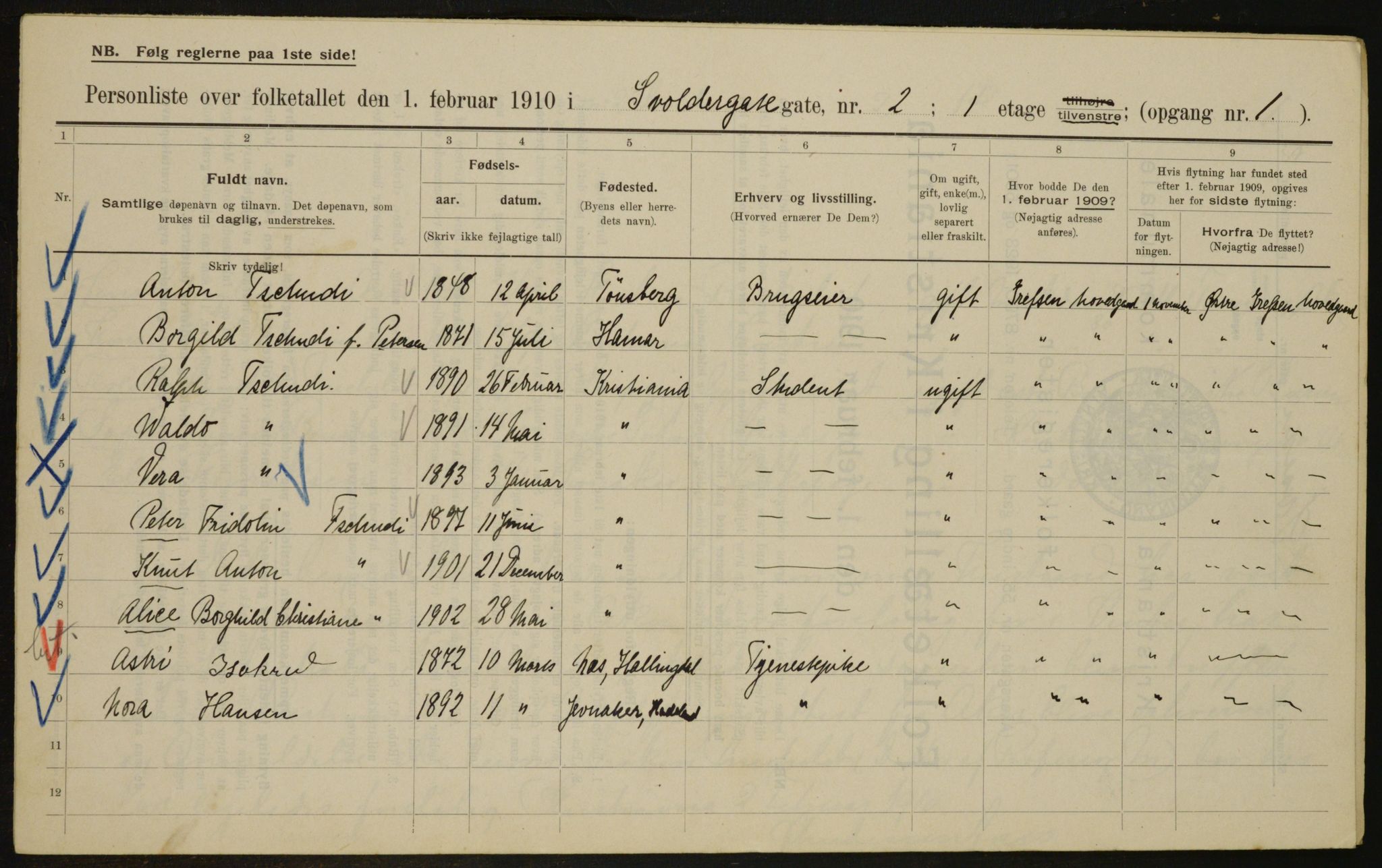 OBA, Municipal Census 1910 for Kristiania, 1910, p. 100708