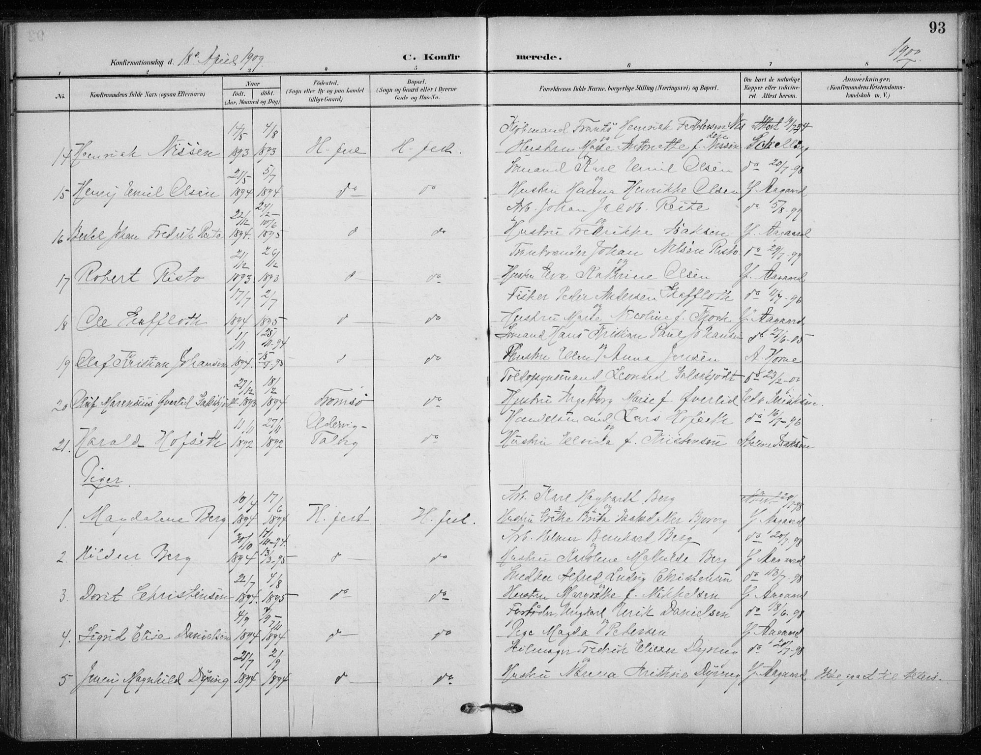 Hammerfest sokneprestkontor, AV/SATØ-S-1347/H/Ha/L0014.kirke: Parish register (official) no. 14, 1906-1916, p. 93