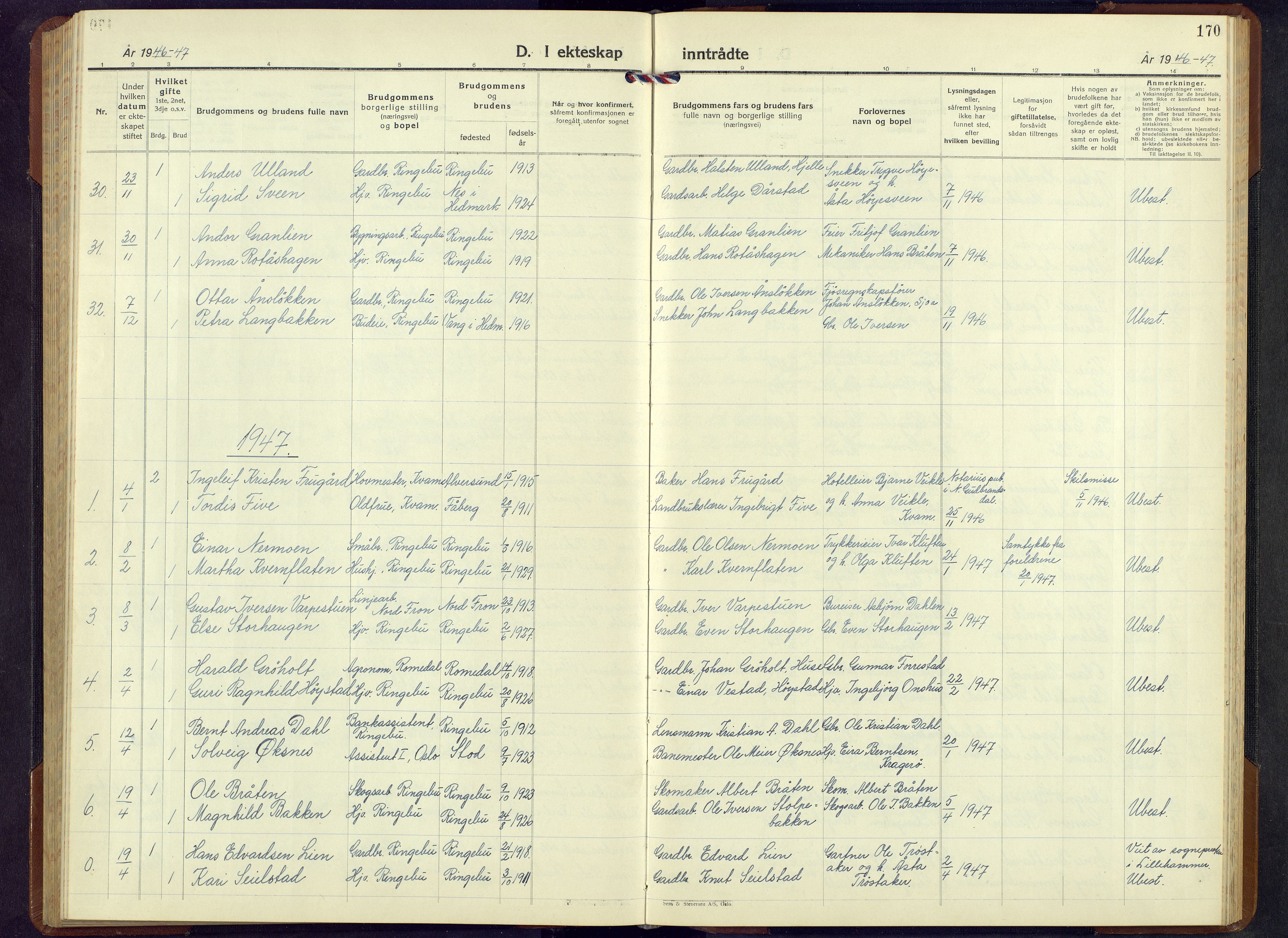 Ringebu prestekontor, AV/SAH-PREST-082/H/Ha/Hab/L0013: Parish register (copy) no. 13, 1943-1956, p. 170