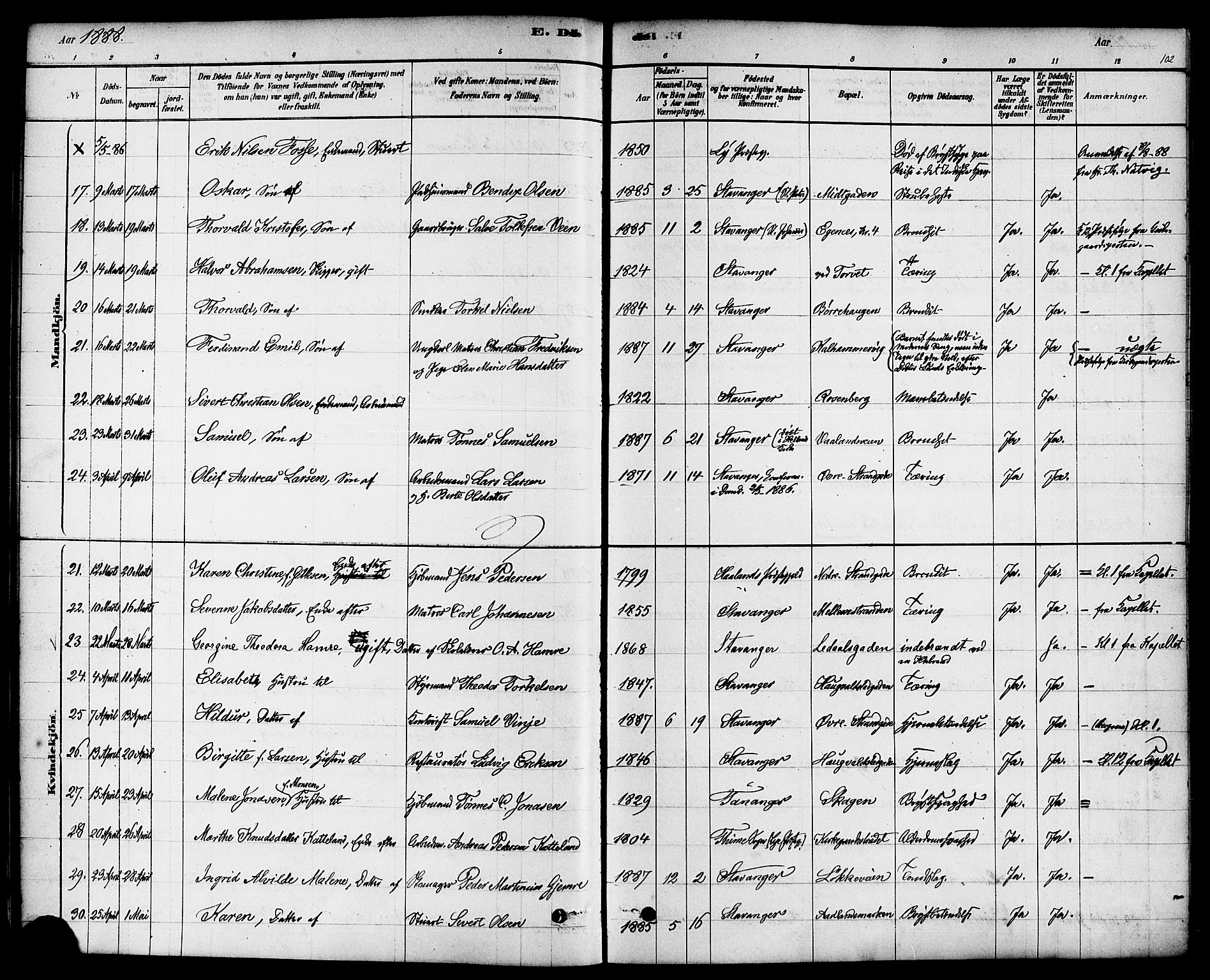 Domkirken sokneprestkontor, AV/SAST-A-101812/001/30/30BA/L0027: Parish register (official) no. A 26, 1878-1896, p. 102