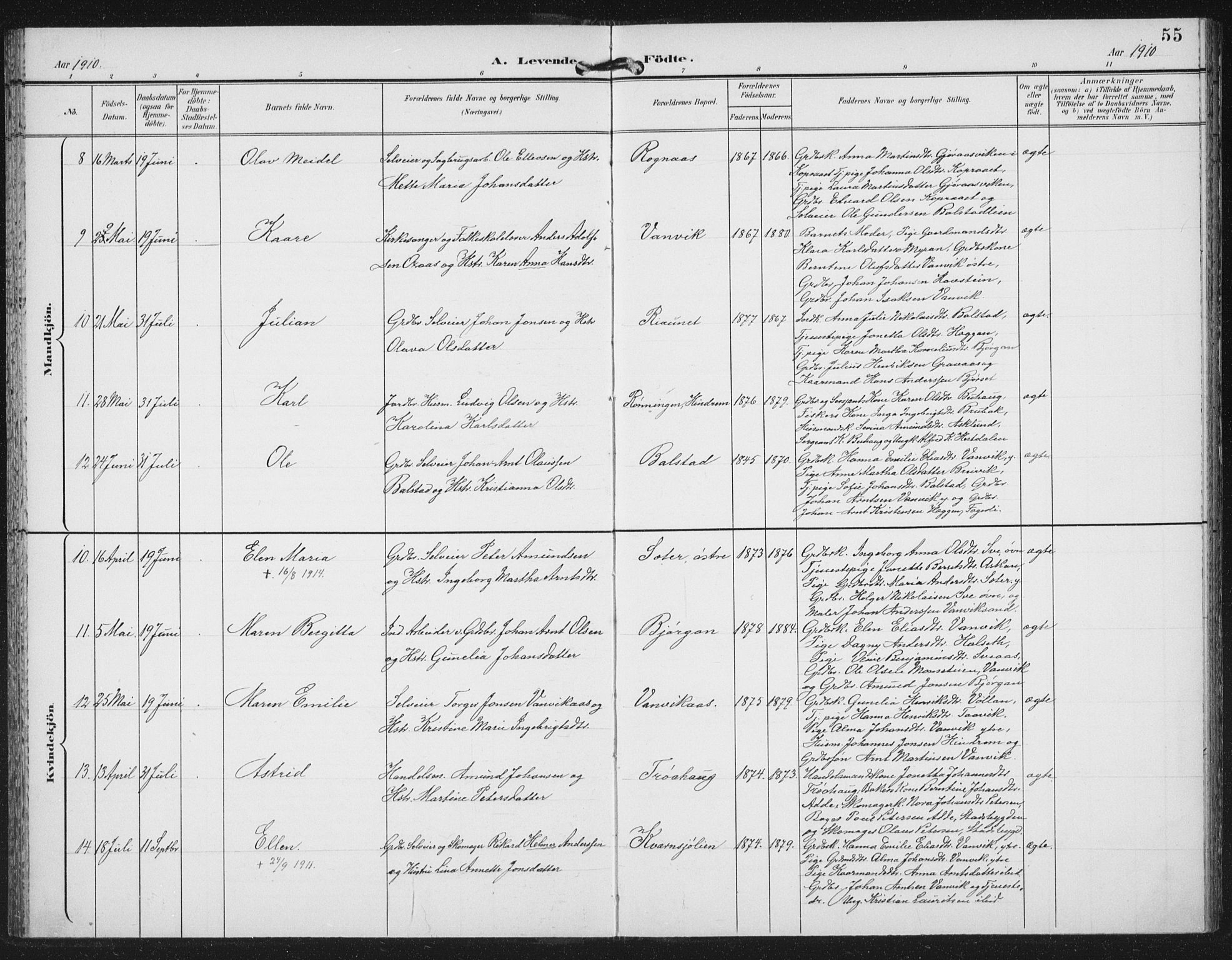 Ministerialprotokoller, klokkerbøker og fødselsregistre - Nord-Trøndelag, SAT/A-1458/702/L0024: Parish register (official) no. 702A02, 1898-1914, p. 55