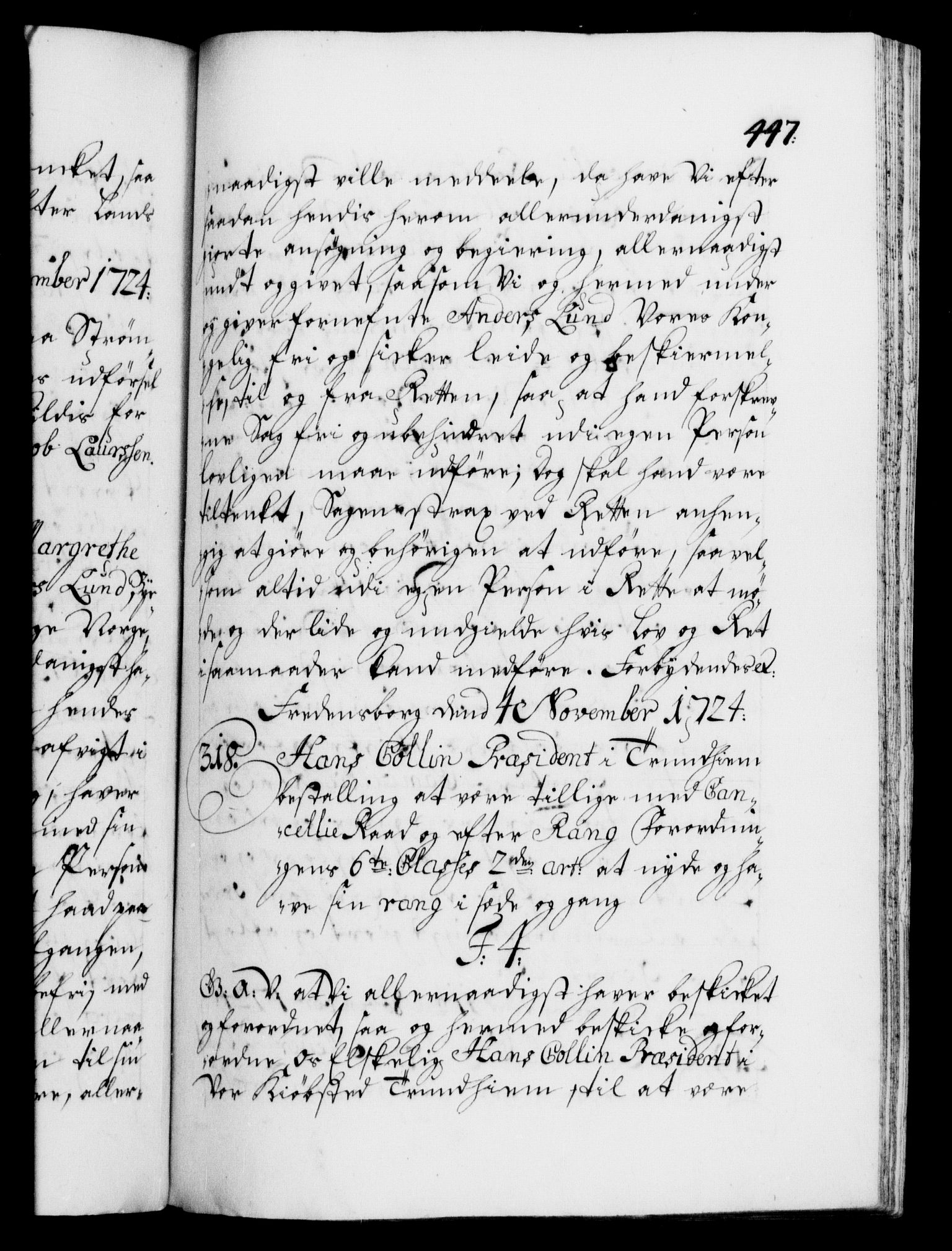 Danske Kanselli 1572-1799, AV/RA-EA-3023/F/Fc/Fca/Fcaa/L0024: Norske registre, 1723-1725, p. 447a