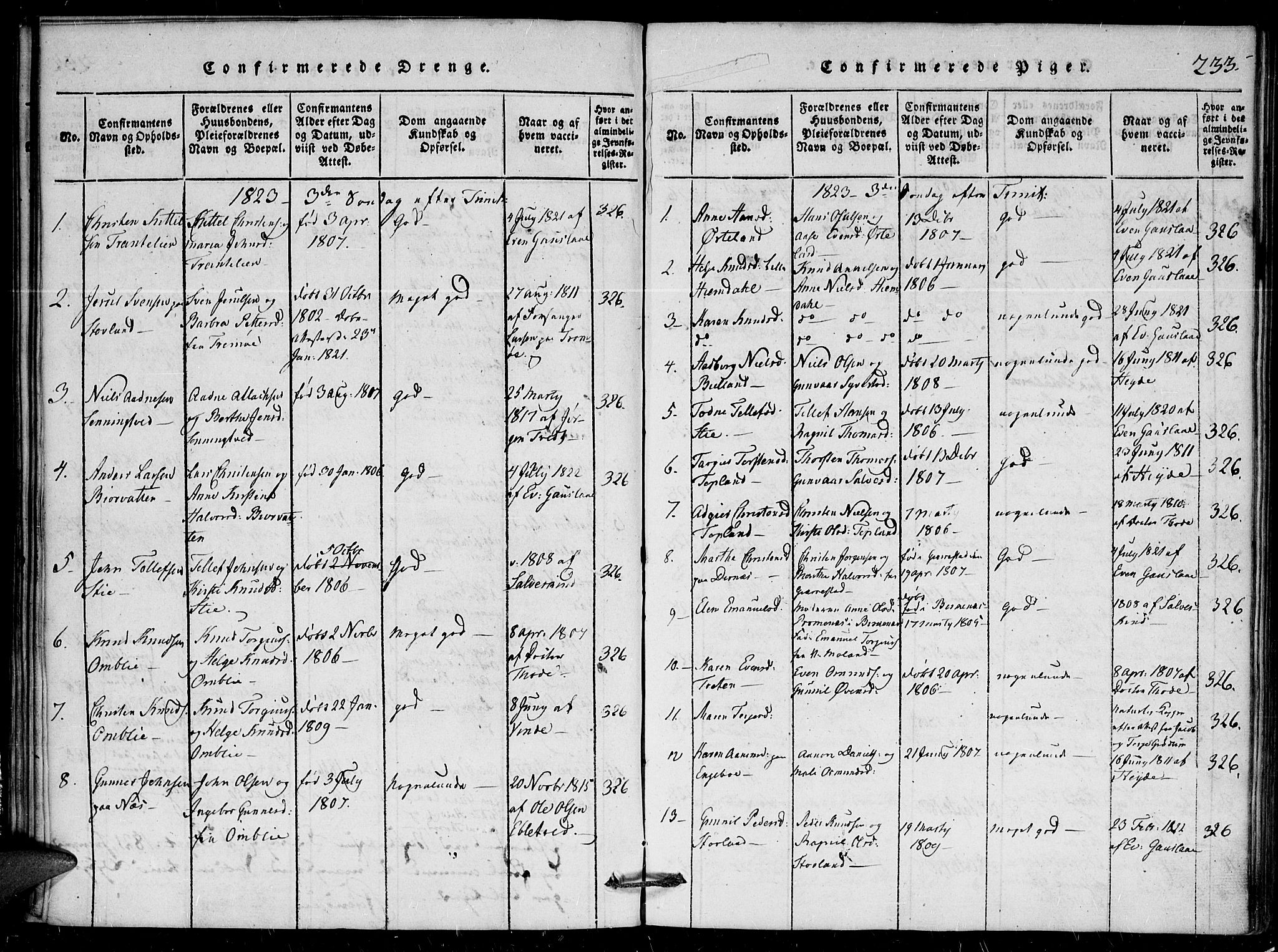 Herefoss sokneprestkontor, AV/SAK-1111-0019/F/Fa/Faa/L0001: Parish register (official) no. A 1, 1816-1860, p. 233