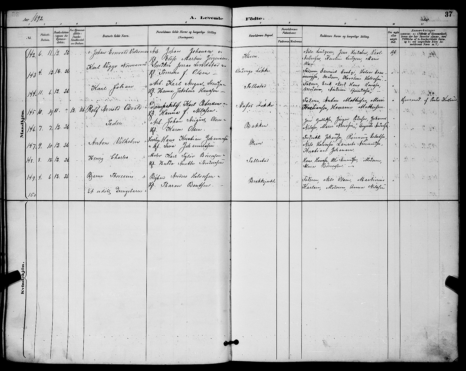 Skien kirkebøker, SAKO/A-302/G/Ga/L0007: Parish register (copy) no. 7, 1891-1900, p. 37