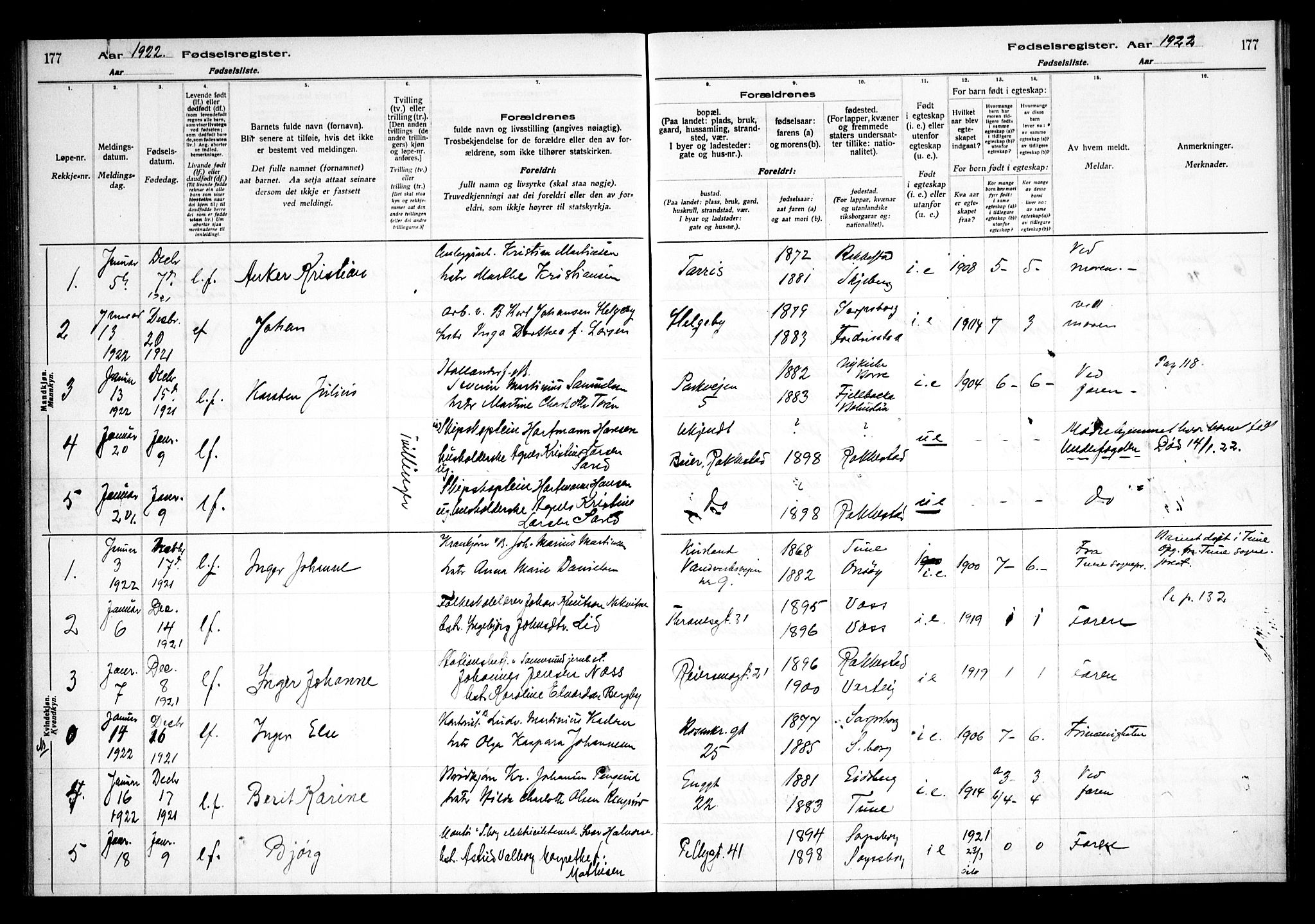 Sarpsborg prestekontor Kirkebøker, SAO/A-2006/J/Ja/L0001: Birth register no. 1, 1916-1922, p. 177