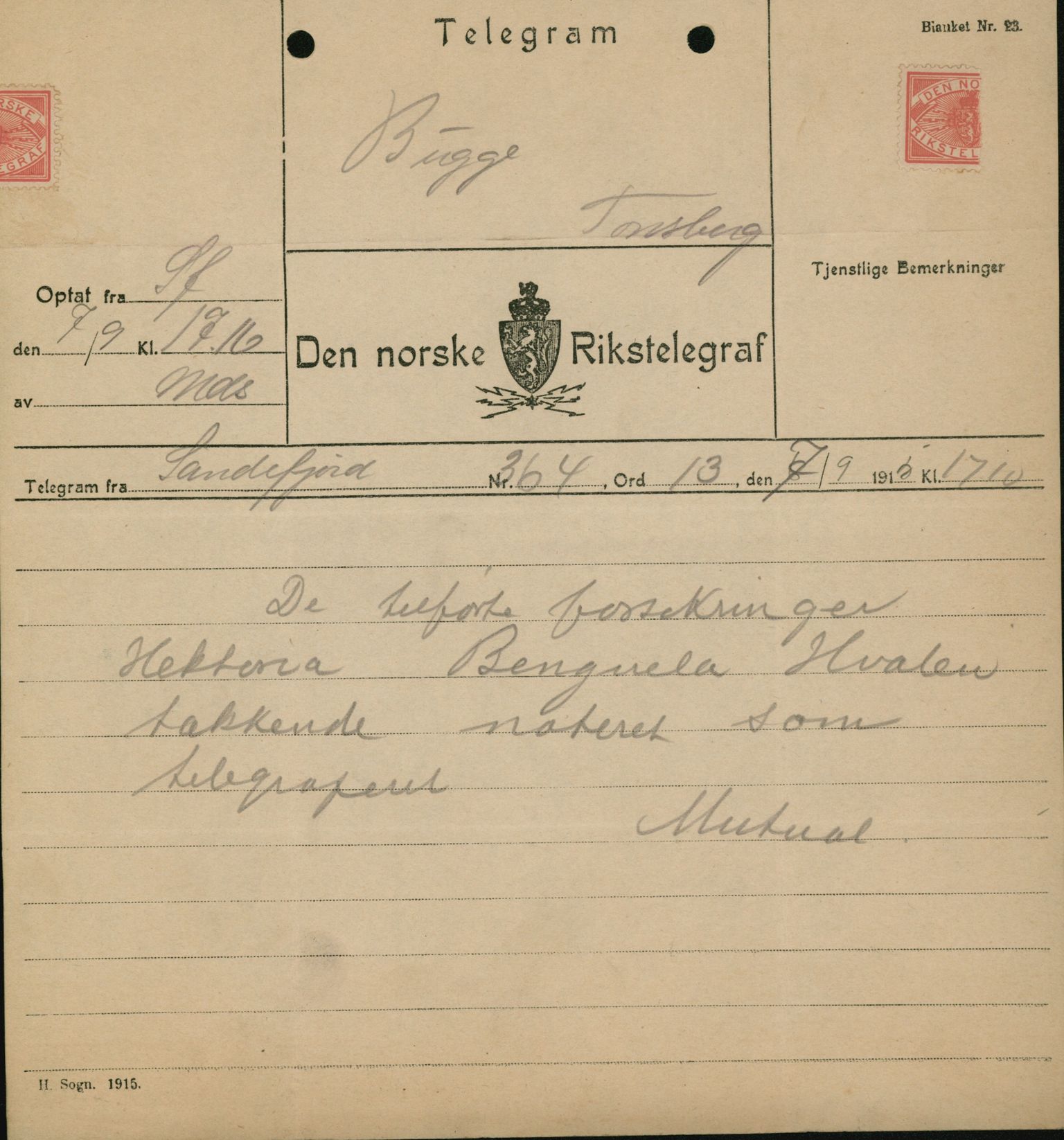 Pa 664 - Tønsberg Sjøforsikringsselskap, VEMU/A-1773/D/Da/L0001: Mai - November
Oscar Aalborg, 1915