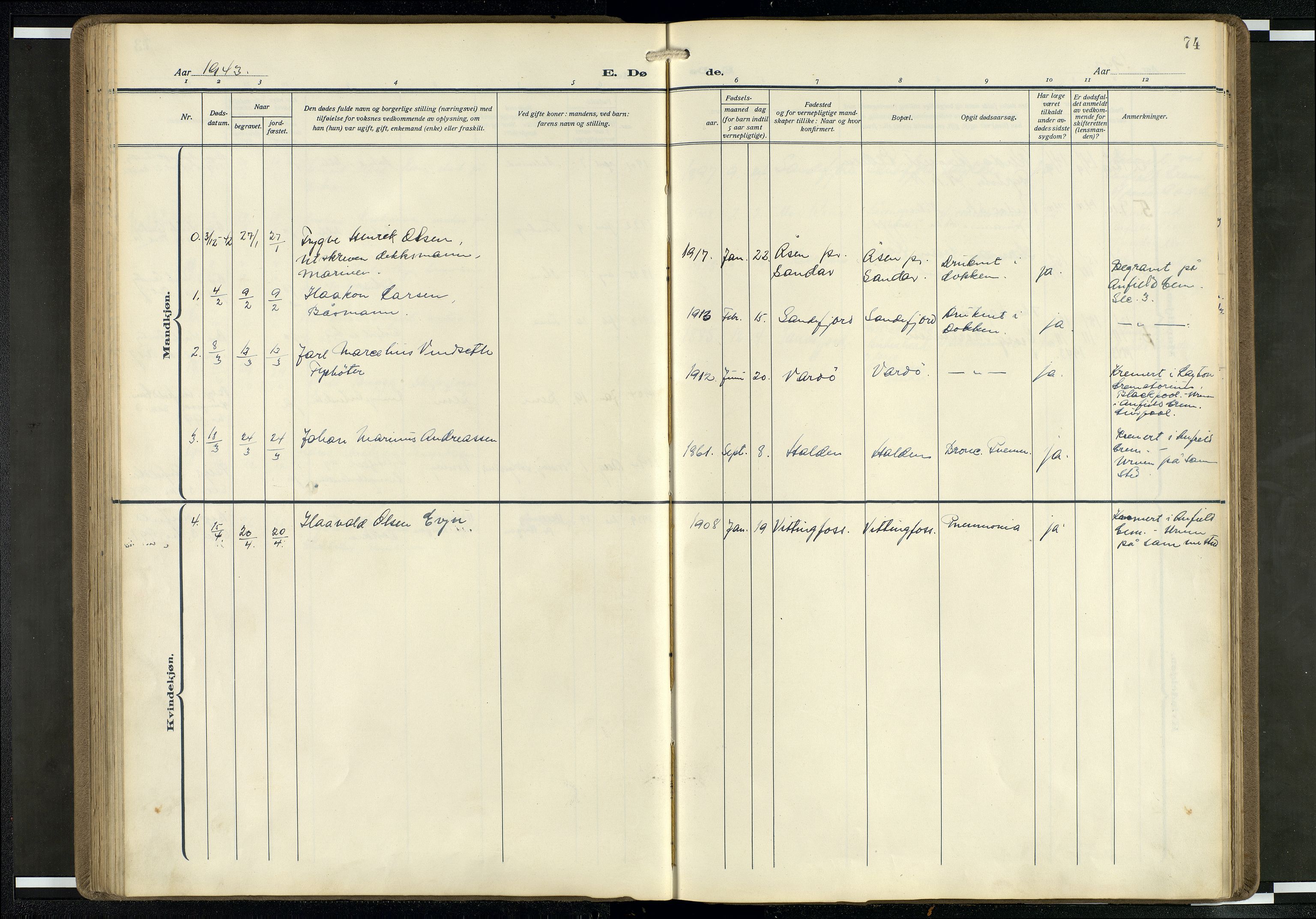 Den norske sjømannsmisjon i utlandet/Mersey-havnene (Liverpool), SAB/SAB/PA-0104/H/Ha/L0001: Parish register (official) no. A 1, 1919-1954, p. 73b-74a