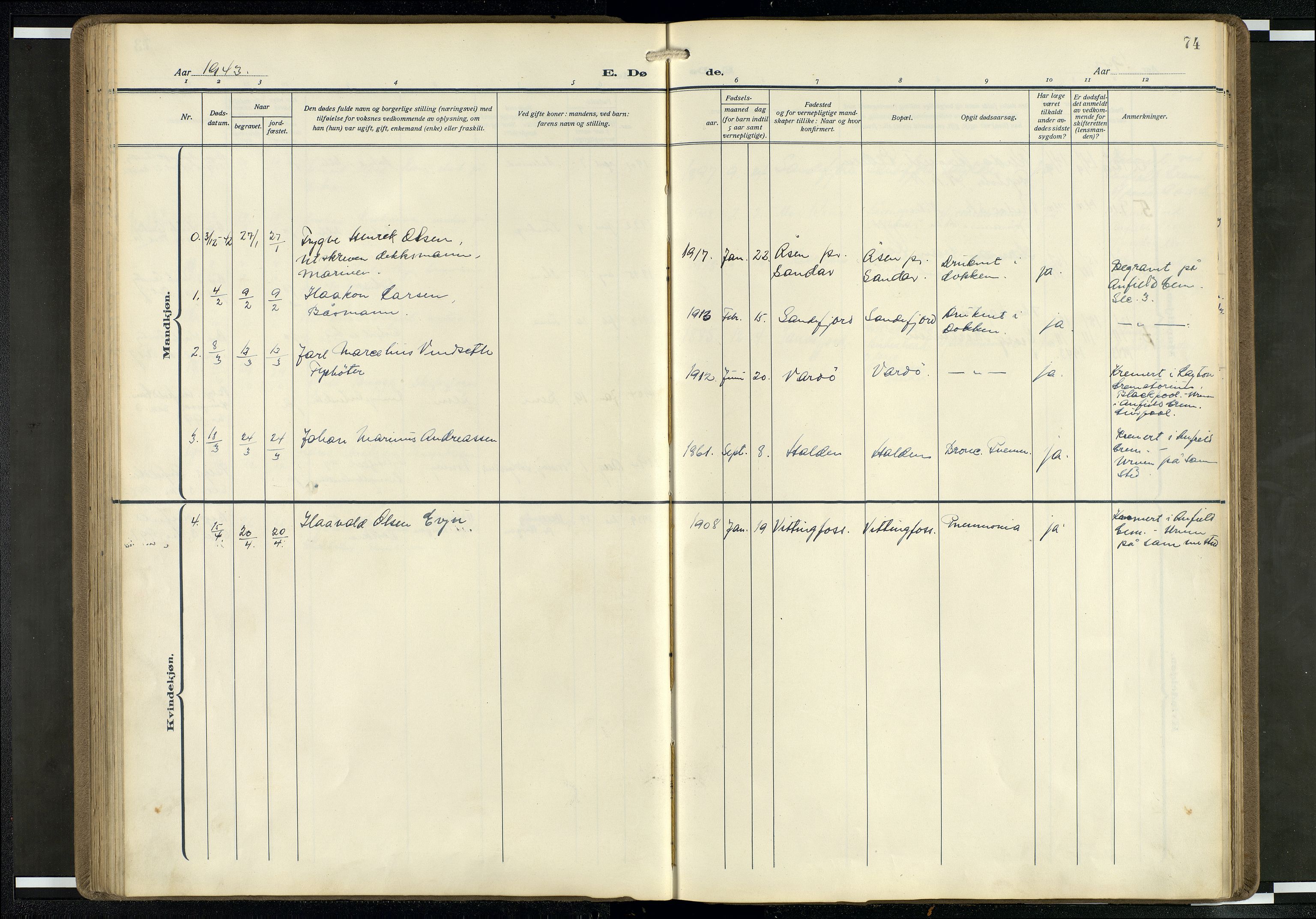 Den norske sjømannsmisjon i utlandet/Mersey-havnene (Liverpool), AV/SAB-SAB/PA-0104/H/Ha/L0001: Parish register (official) no. A 1, 1919-1954, p. 73b-74a