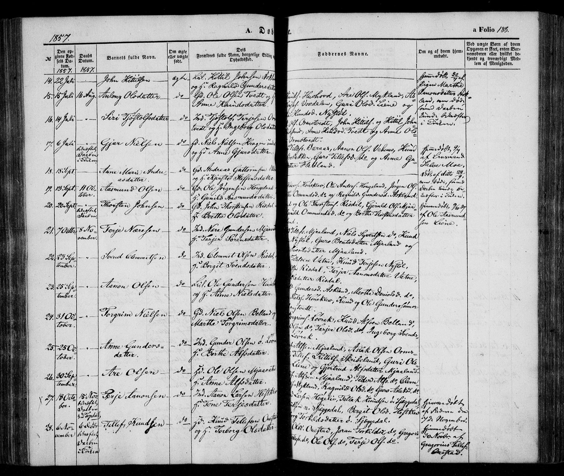 Åmli sokneprestkontor, SAK/1111-0050/F/Fa/Fac/L0008: Parish register (official) no. A 8, 1852-1869, p. 188