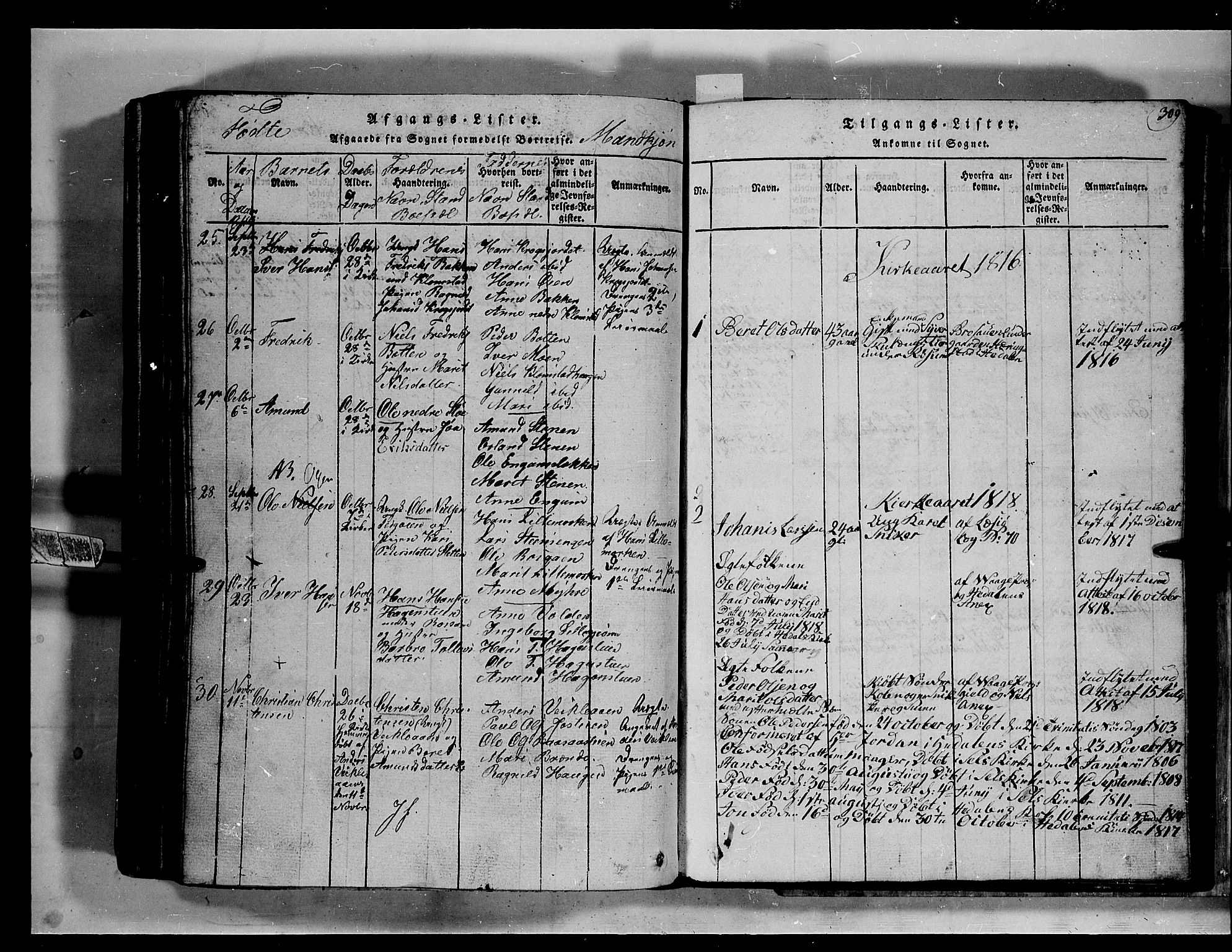 Fron prestekontor, SAH/PREST-078/H/Ha/Hab/L0002: Parish register (copy) no. 2, 1816-1850, p. 309