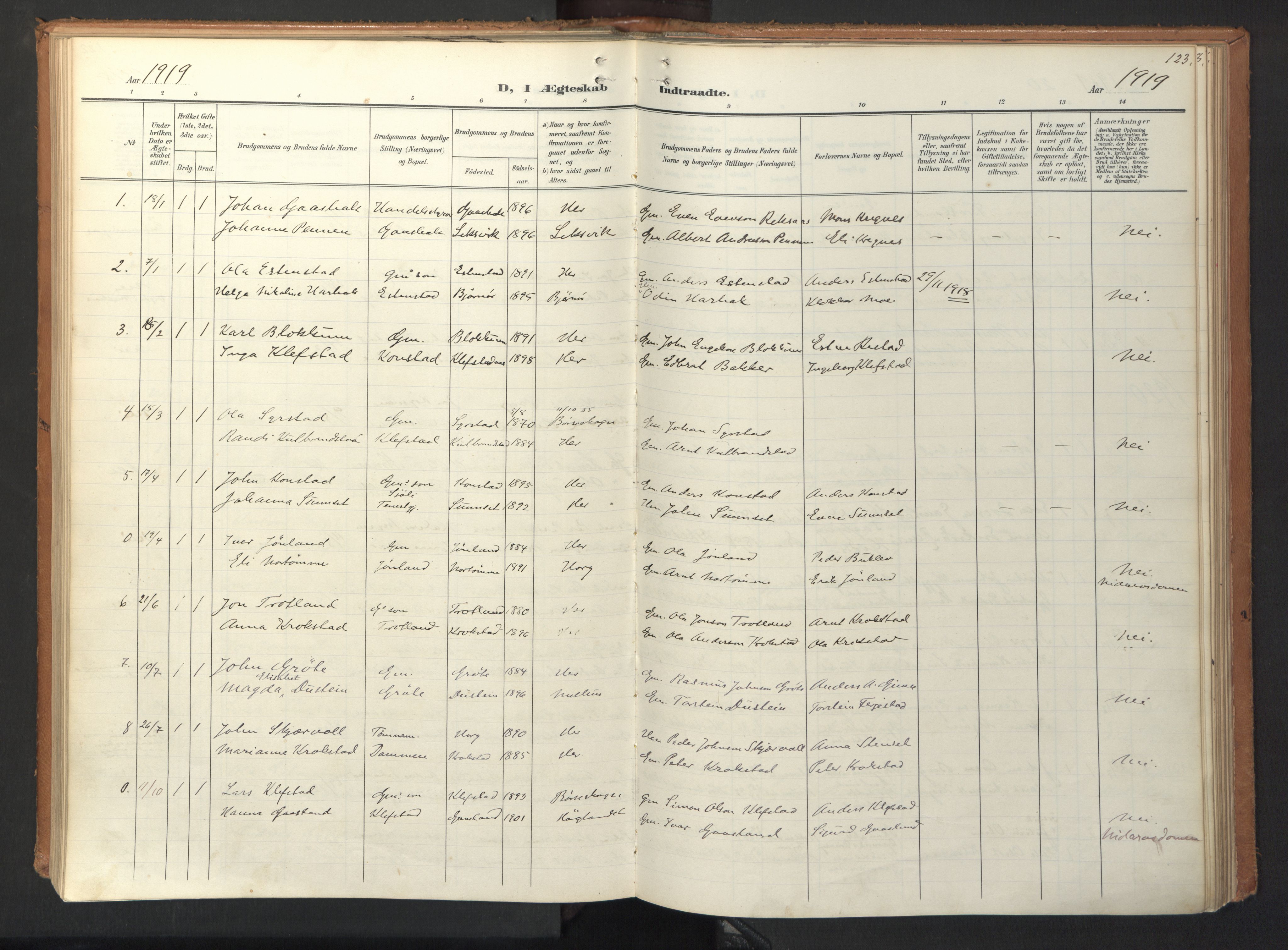 Ministerialprotokoller, klokkerbøker og fødselsregistre - Sør-Trøndelag, SAT/A-1456/694/L1128: Parish register (official) no. 694A02, 1906-1931, p. 123