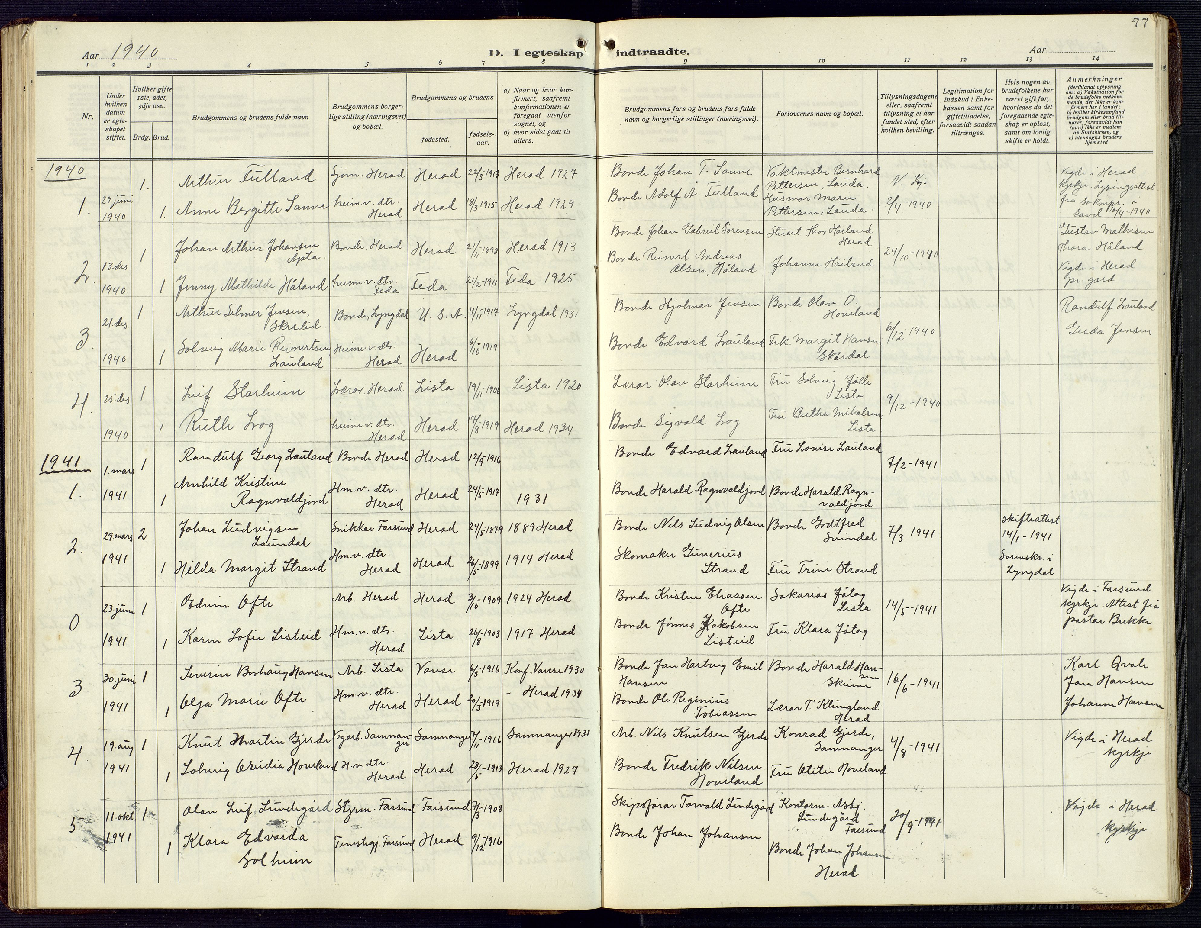 Herad sokneprestkontor, AV/SAK-1111-0018/F/Fb/Fba/L0006: Parish register (copy) no. B 6, 1921-1959, p. 77