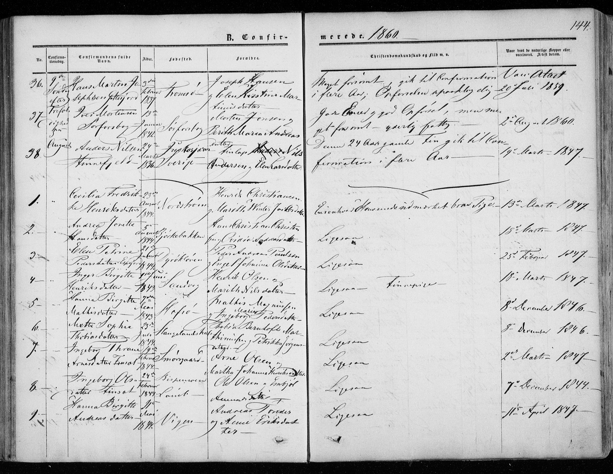 Tranøy sokneprestkontor, AV/SATØ-S-1313/I/Ia/Iaa/L0007kirke: Parish register (official) no. 7, 1856-1866, p. 144