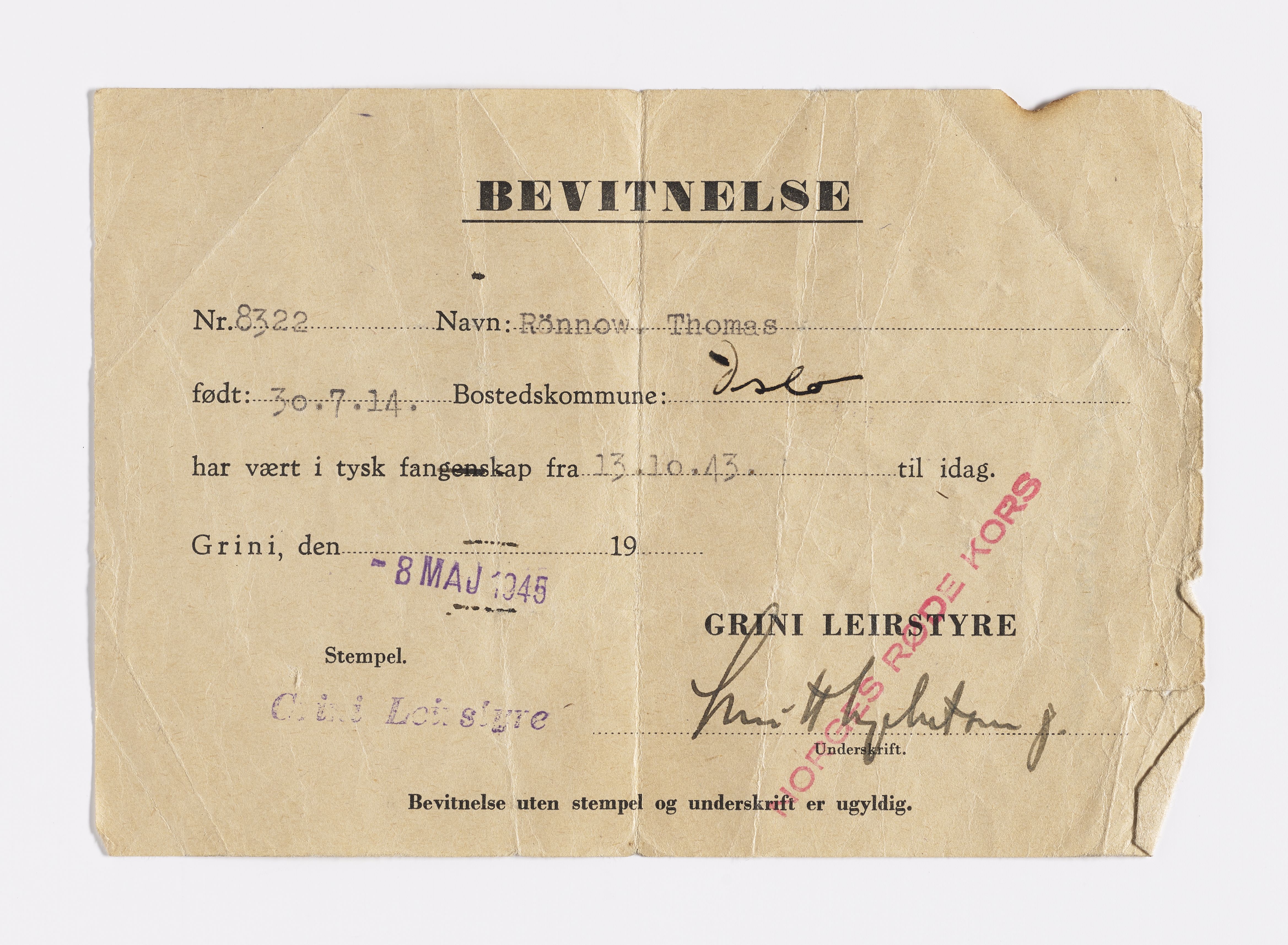 Thomas Rønnow, AFM/GRI-1014/D/Da/L0001/0002: Brev og dokumenter / Bevitnelse, 1945