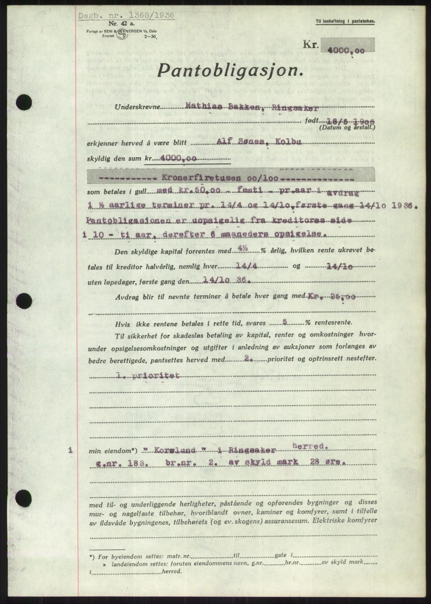 Nord-Hedmark sorenskriveri, SAH/TING-012/H/Hb/Hbf/L0001: Mortgage book no. B1, 1936-1936, Diary no: : 1368/1936