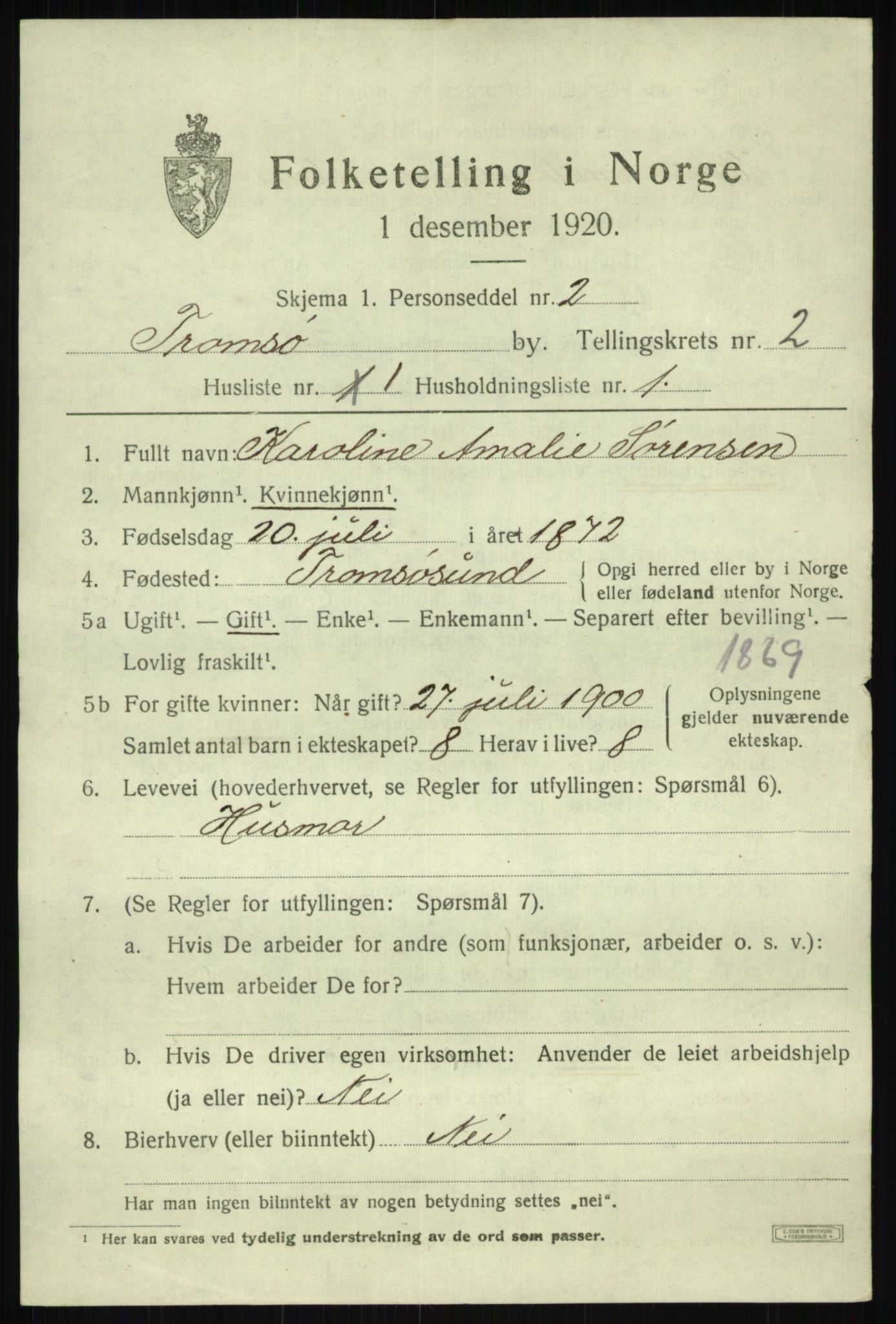 SATØ, 1920 census for Tromsø, 1920, p. 8734