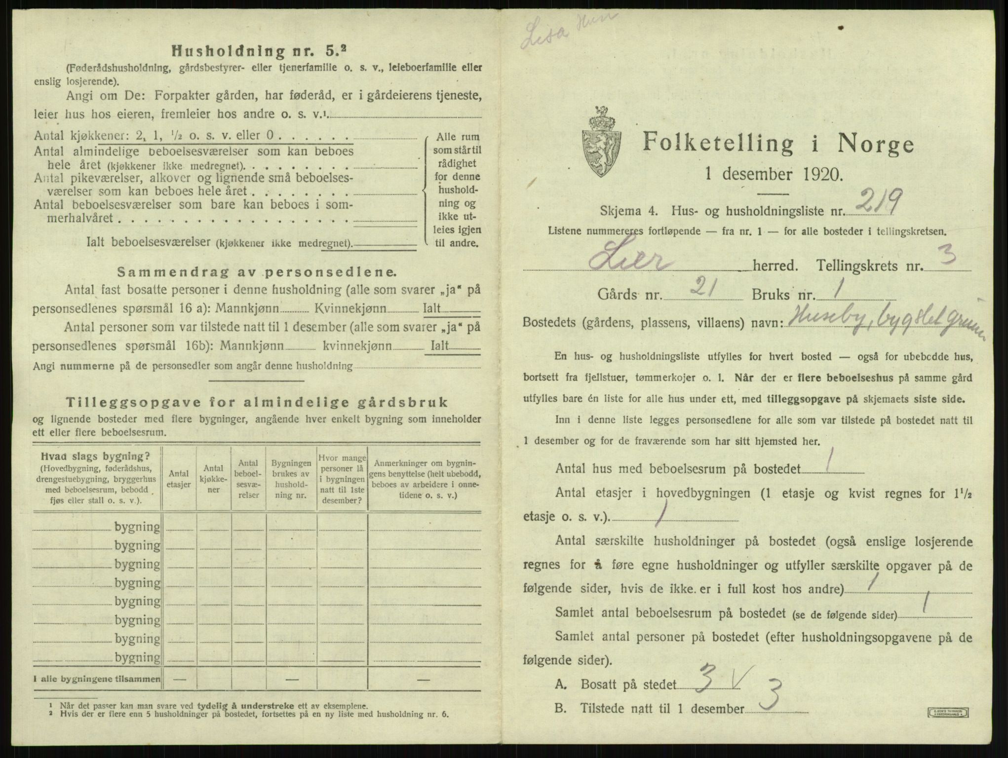 SAKO, 1920 census for Lier, 1920, p. 833