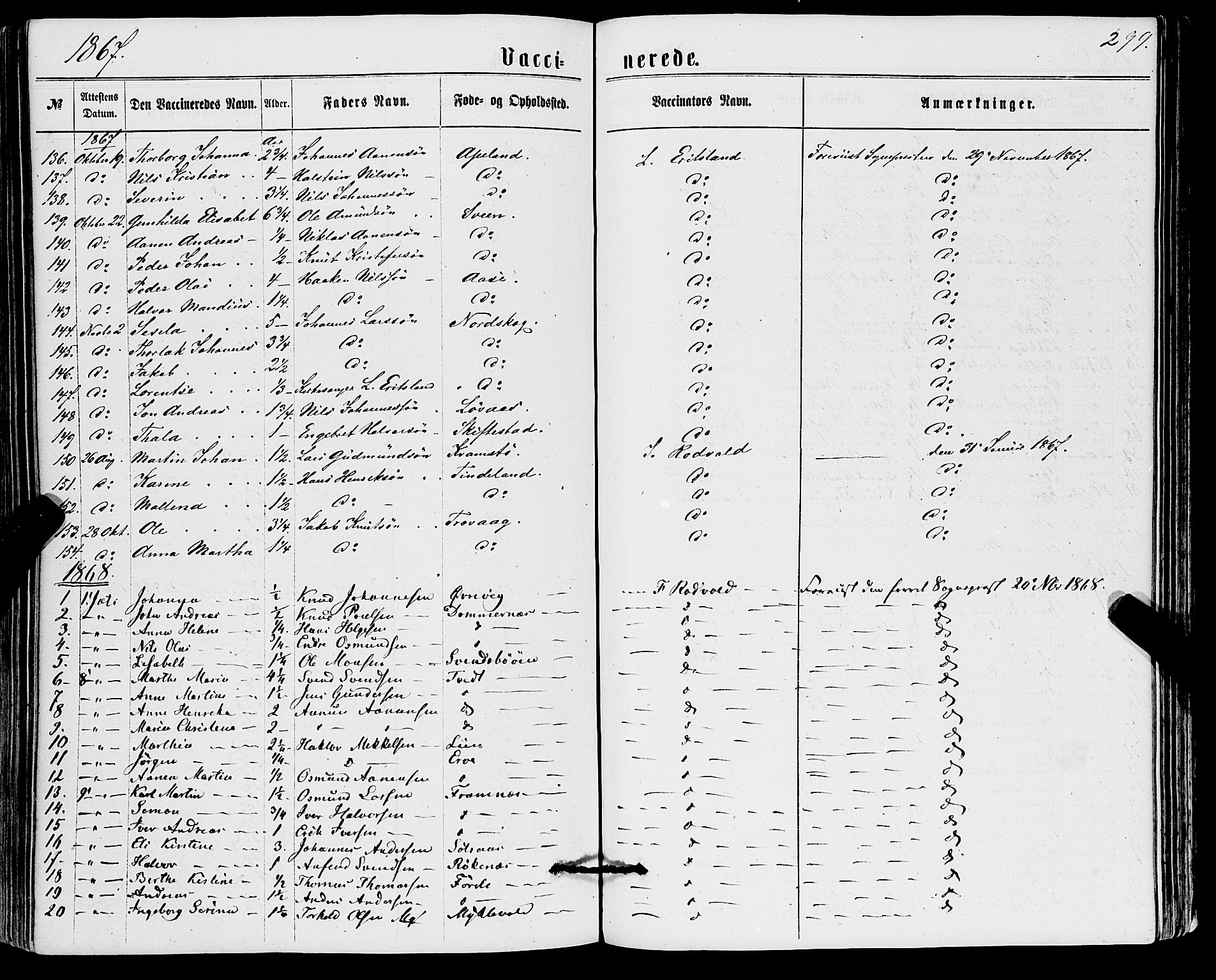 Sveio Sokneprestembete, SAB/A-78501/H/Haa: Parish register (official) no. A 1, 1861-1877, p. 299