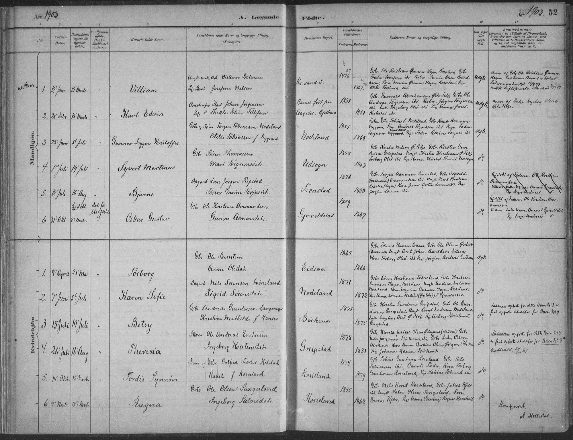 Søgne sokneprestkontor, AV/SAK-1111-0037/F/Fa/Faa/L0003: Parish register (official) no. A 3, 1883-1910, p. 52