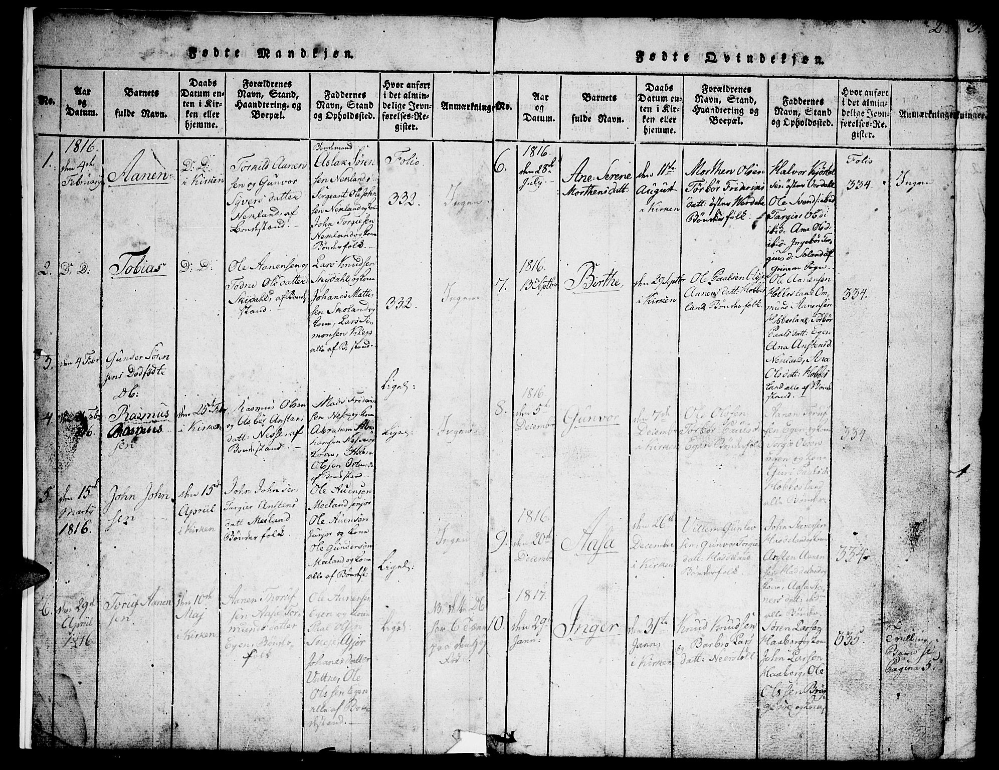 Hægebostad sokneprestkontor, AV/SAK-1111-0024/F/Fb/Fbb/L0001: Parish register (copy) no. B 1, 1816-1850, p. 2