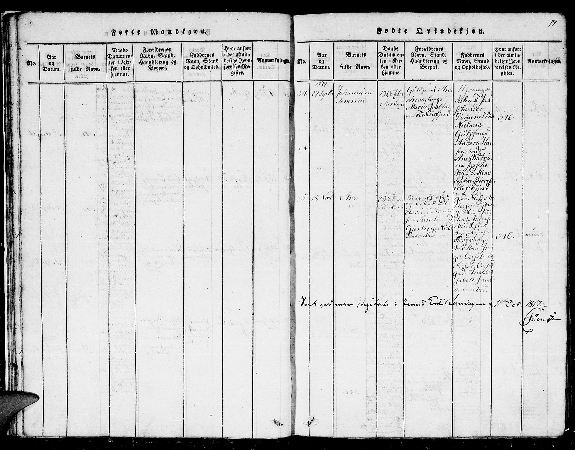 Flekkefjord sokneprestkontor, SAK/1111-0012/F/Fb/Fbc/L0003: Parish register (copy) no. B 3, 1815-1826, p. 17