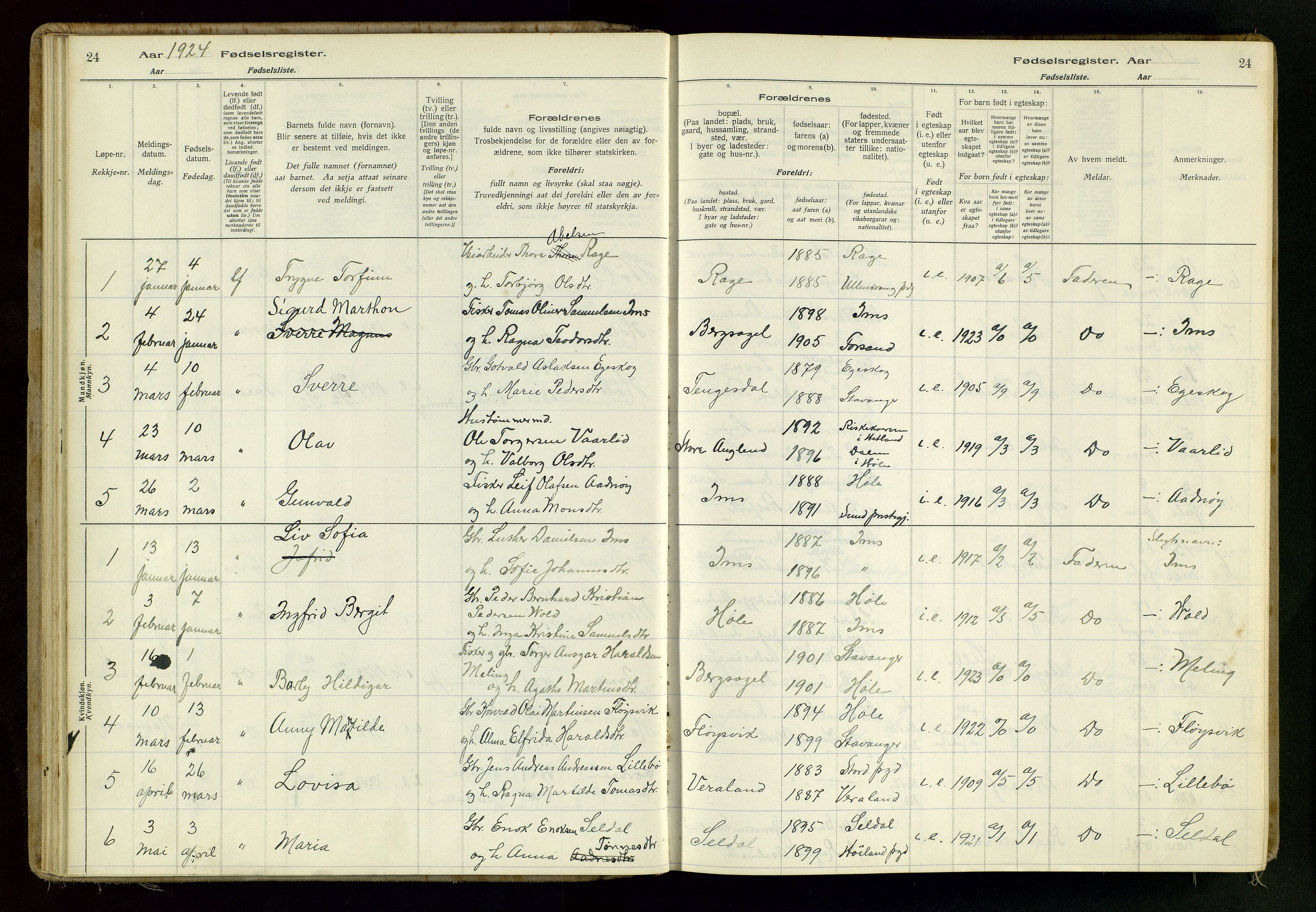 Høgsfjord sokneprestkontor, SAST/A-101624/I/Id/L0001: Birth register no. 1, 1916-1982, p. 24