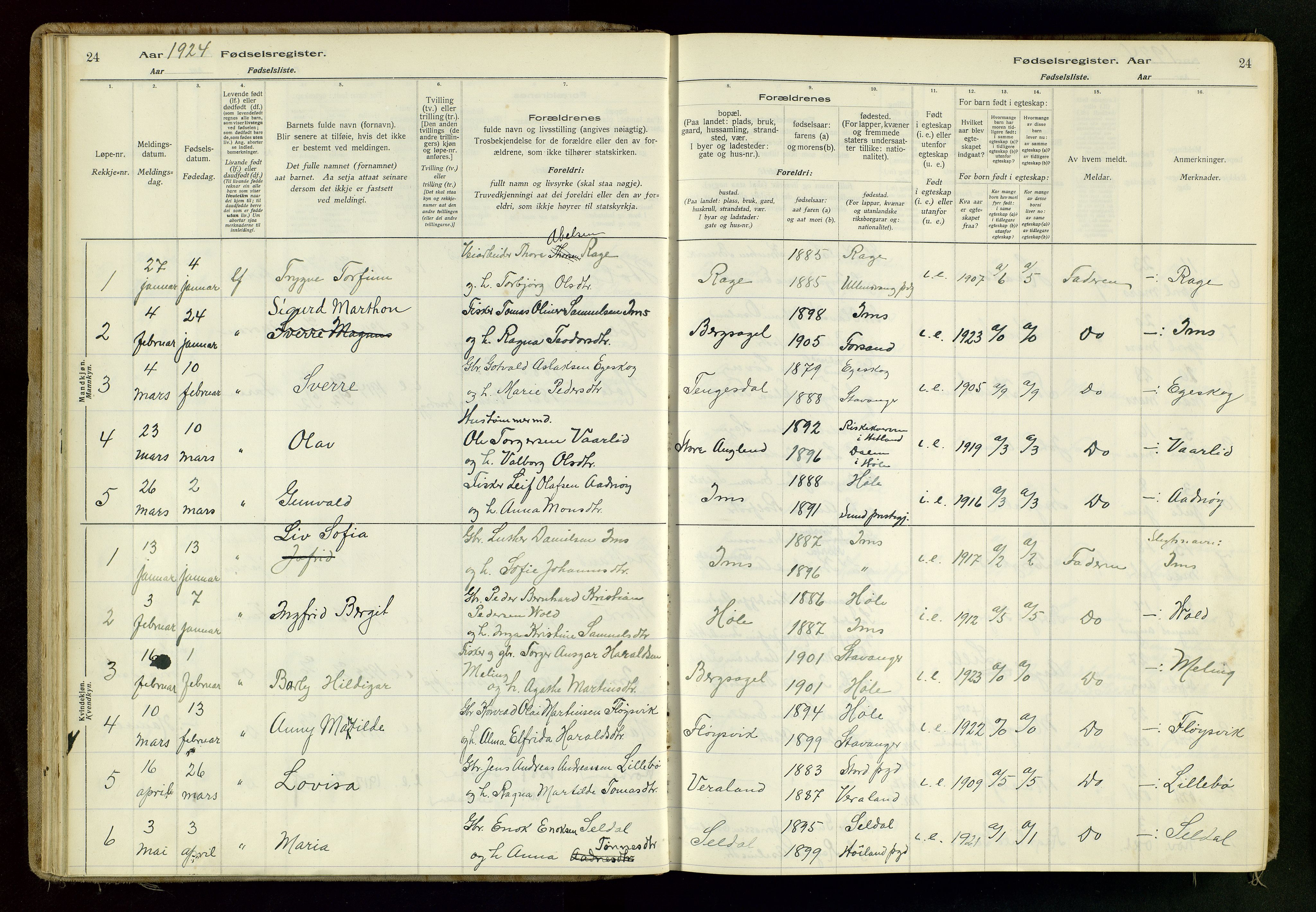 Høgsfjord sokneprestkontor, AV/SAST-A-101624/I/Id/L0001: Birth register no. 1, 1916-1982, p. 24