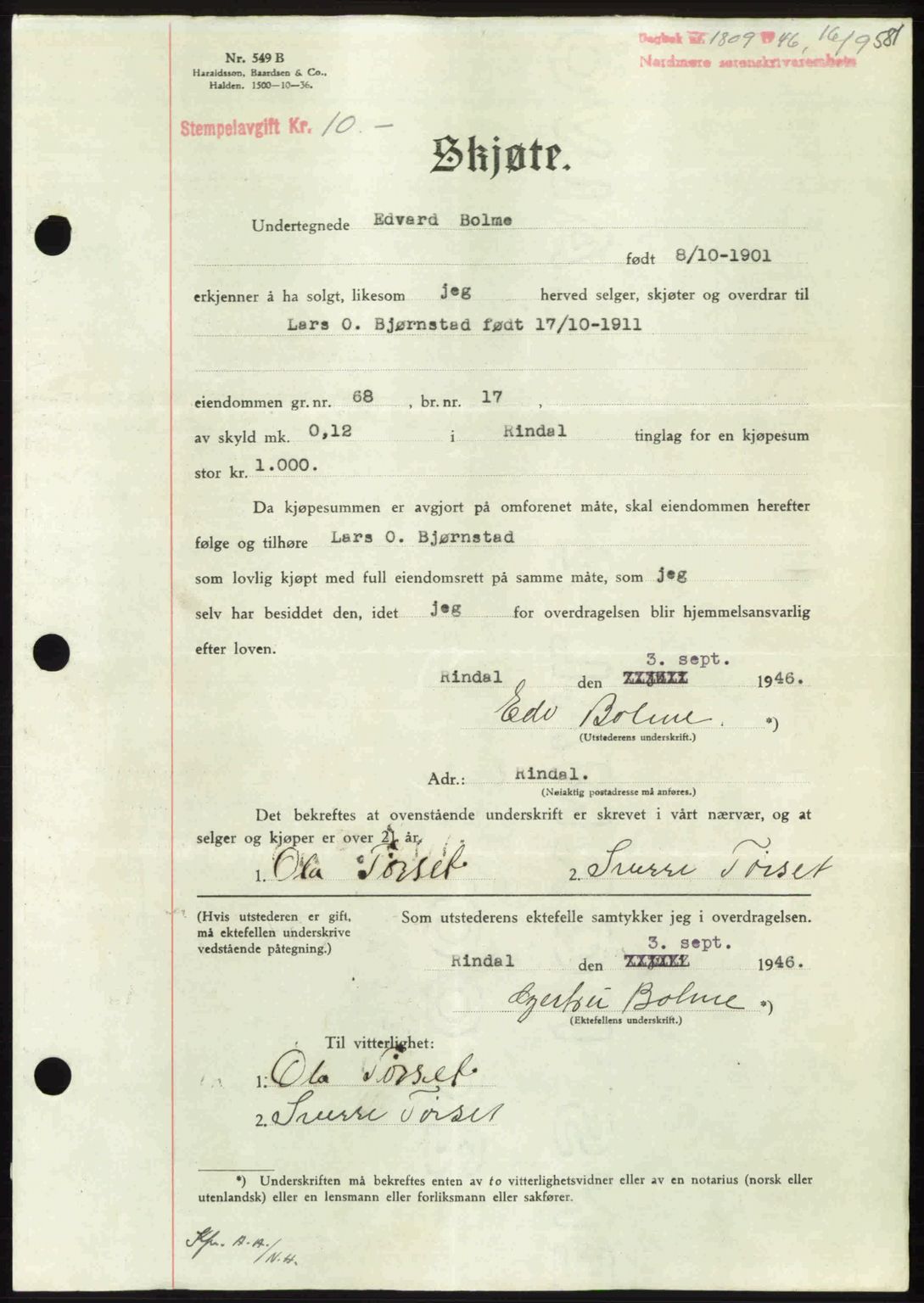 Nordmøre sorenskriveri, AV/SAT-A-4132/1/2/2Ca: Mortgage book no. A102, 1946-1946, Diary no: : 1809/1946