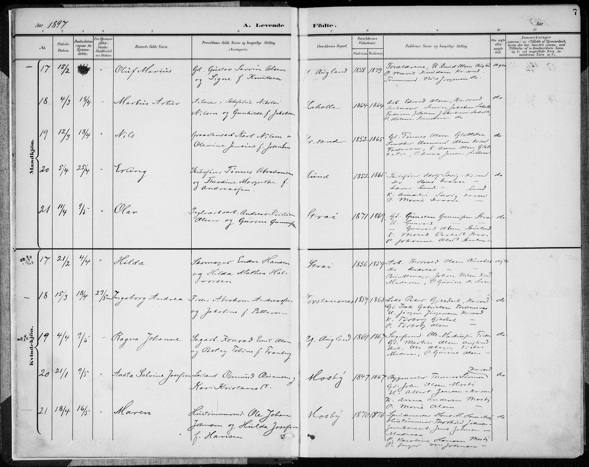 Oddernes sokneprestkontor, AV/SAK-1111-0033/F/Fa/Faa/L0010: Parish register (official) no. A 10, 1897-1911, p. 7