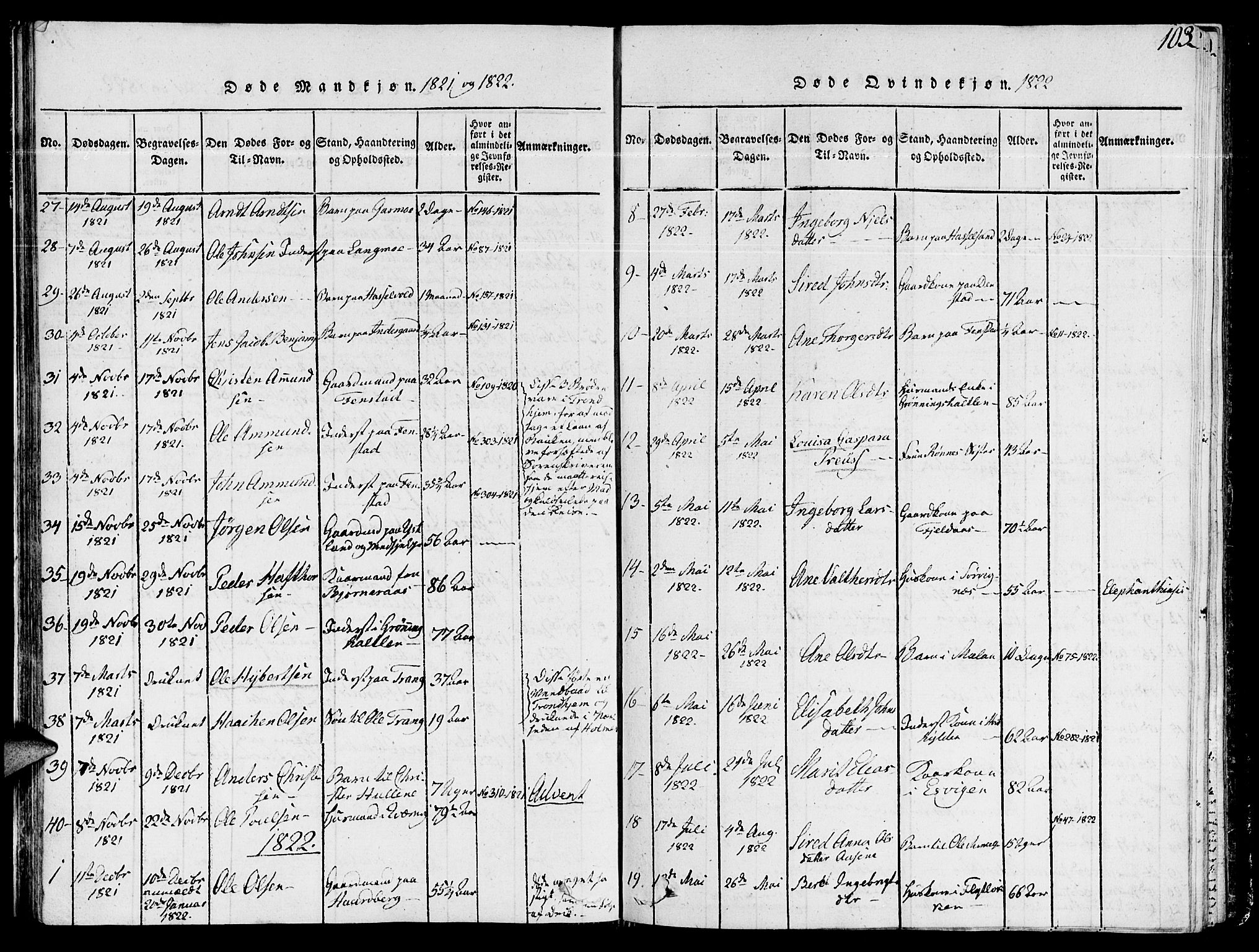 Ministerialprotokoller, klokkerbøker og fødselsregistre - Sør-Trøndelag, SAT/A-1456/646/L0608: Parish register (official) no. 646A06, 1816-1825, p. 103