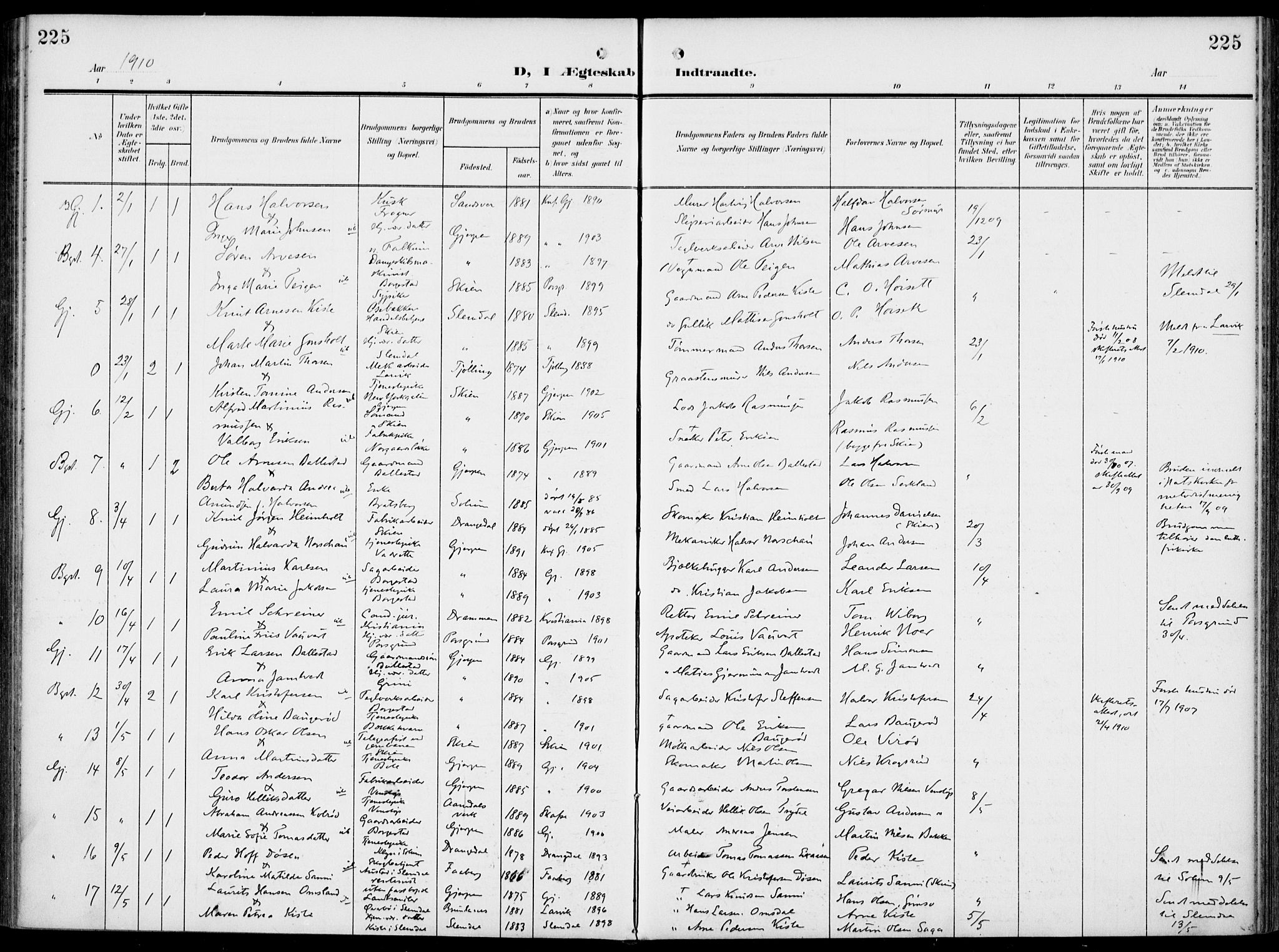 Gjerpen kirkebøker, SAKO/A-265/F/Fa/L0012: Parish register (official) no. I 12, 1905-1913, p. 225