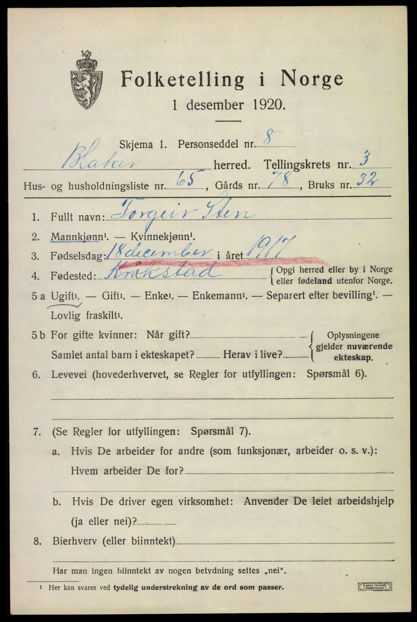 SAO, 1920 census for Blaker, 1920, p. 3077