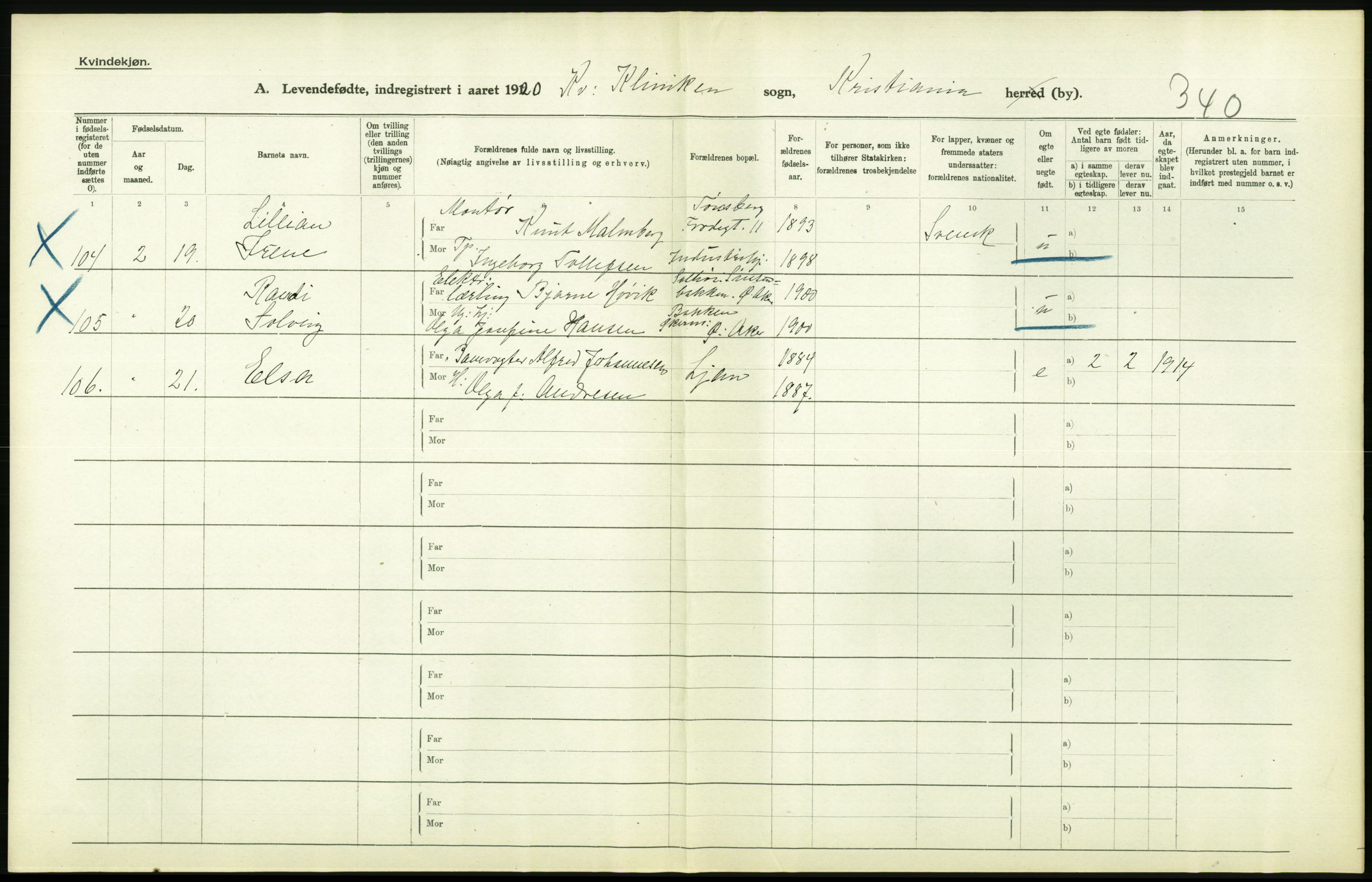 Statistisk sentralbyrå, Sosiodemografiske emner, Befolkning, AV/RA-S-2228/D/Df/Dfb/Dfbj/L0008: Kristiania: Levendefødte menn og kvinner., 1920, p. 548