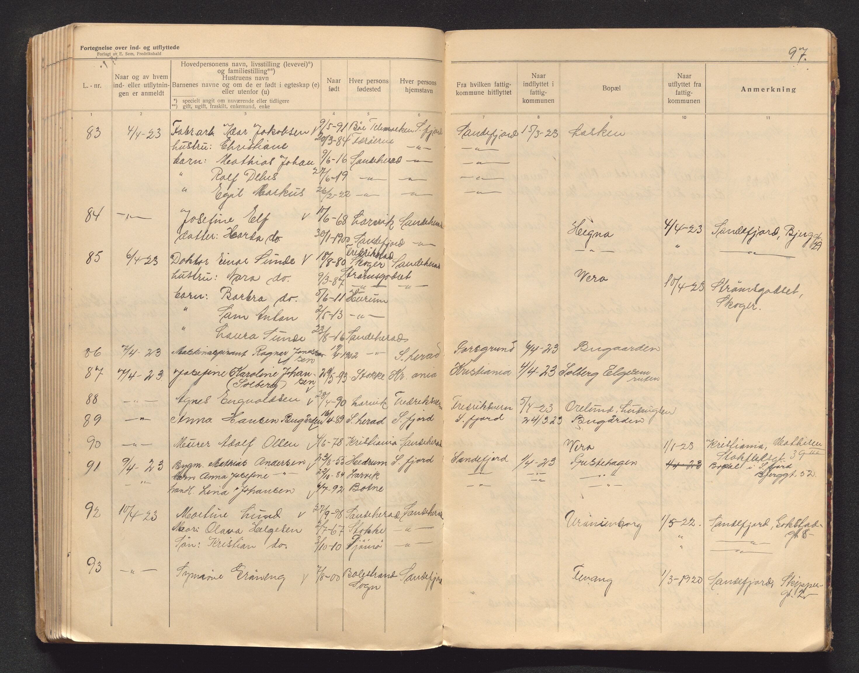 Sandar lensmannskontor, AV/SAKO-A-545/O/Oa/L0005: Protokoll over inn- og utflyttede, 1920-1923, p. 96b-97a