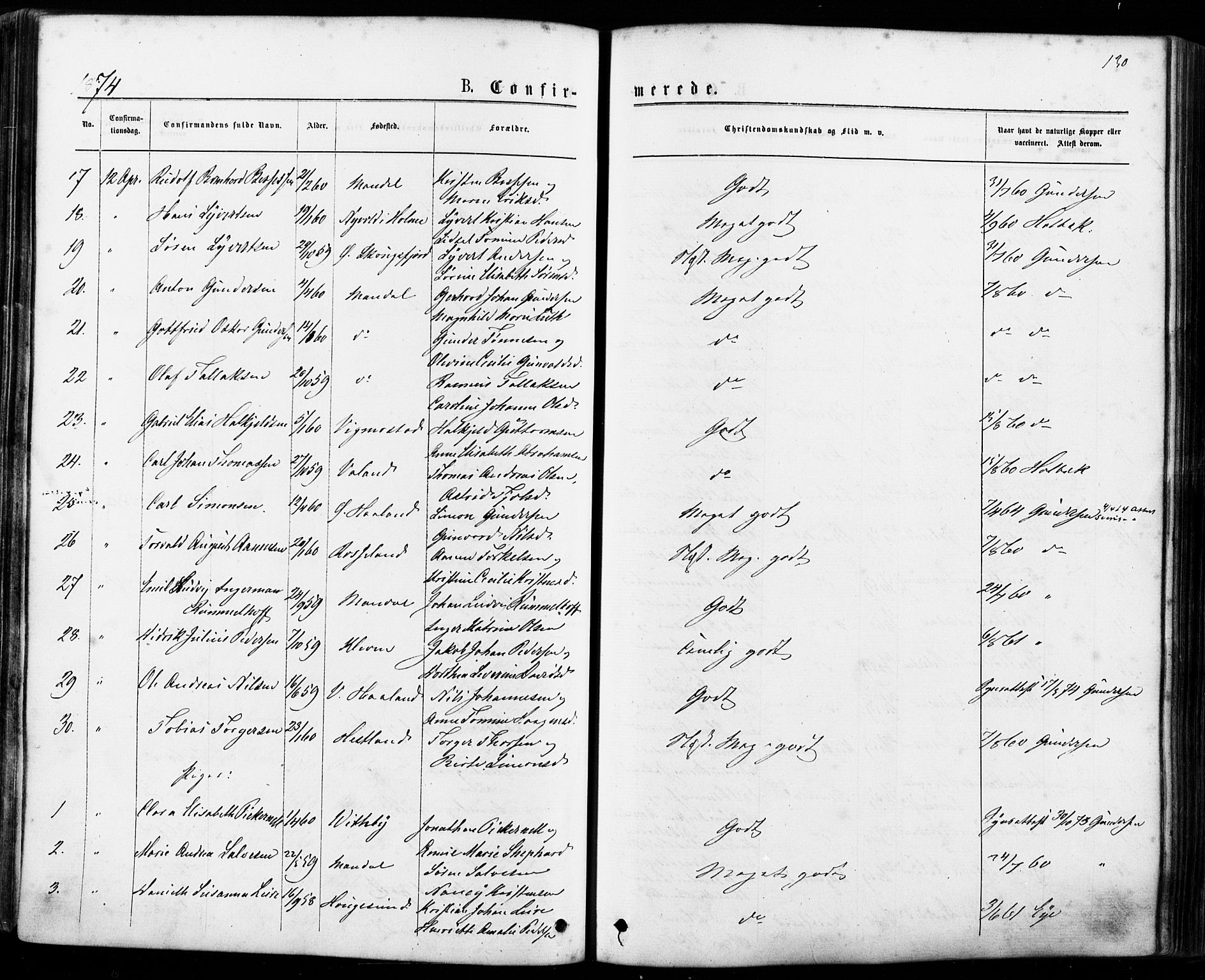 Mandal sokneprestkontor, SAK/1111-0030/F/Fa/Faa/L0015: Parish register (official) no. A 15, 1873-1879, p. 130