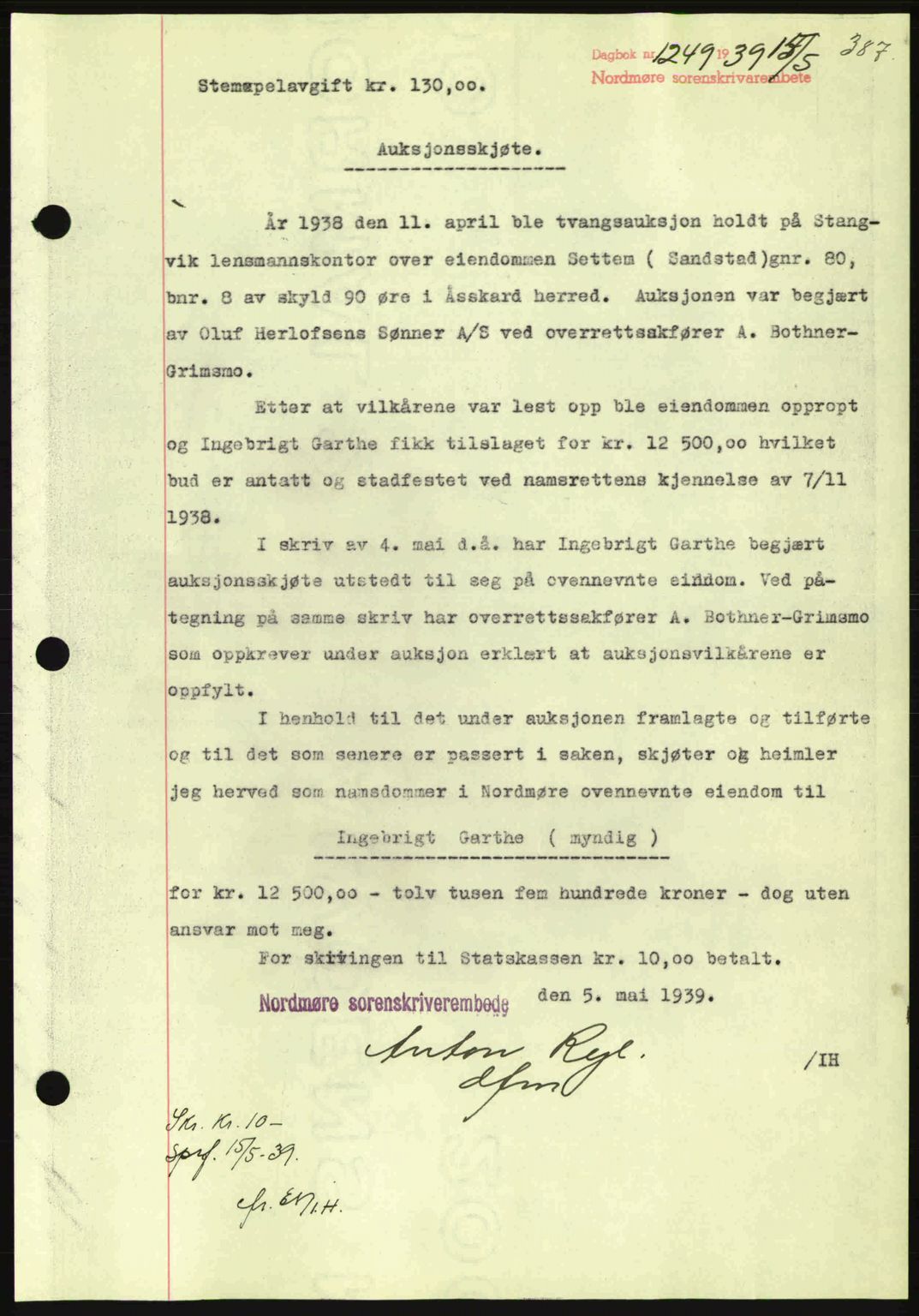 Nordmøre sorenskriveri, AV/SAT-A-4132/1/2/2Ca: Mortgage book no. A86, 1939-1939, Diary no: : 1249/1939