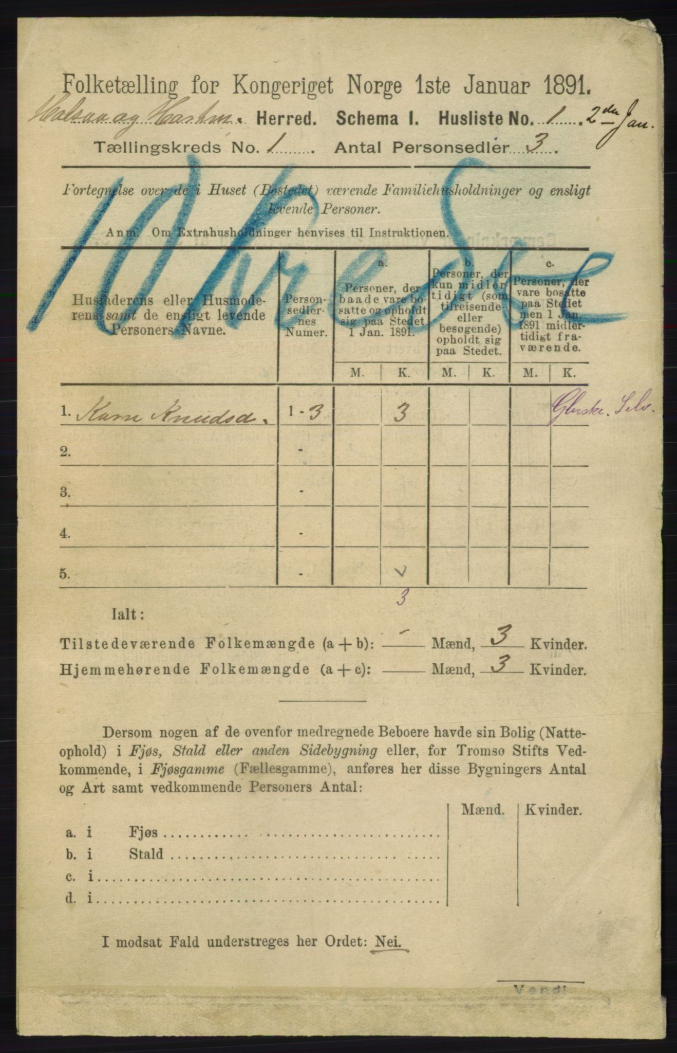 RA, 1891 census for 1019 Halse og Harkmark, 1891, p. 26