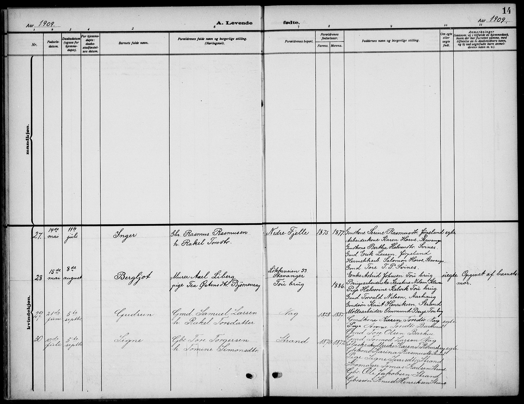 Strand sokneprestkontor, SAST/A-101828/H/Ha/Haa/L0011: Parish register (official) no. A 11, 1908-1930, p. 14