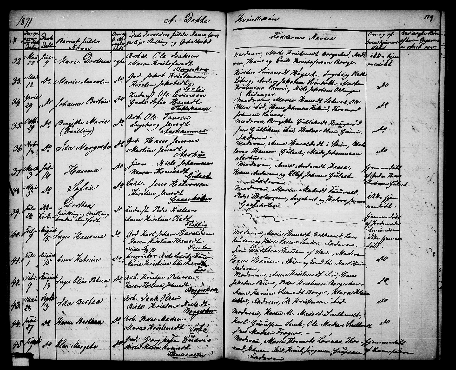 Gjerpen kirkebøker, SAKO/A-265/G/Ga/L0001: Parish register (copy) no. I 1, 1864-1882, p. 119