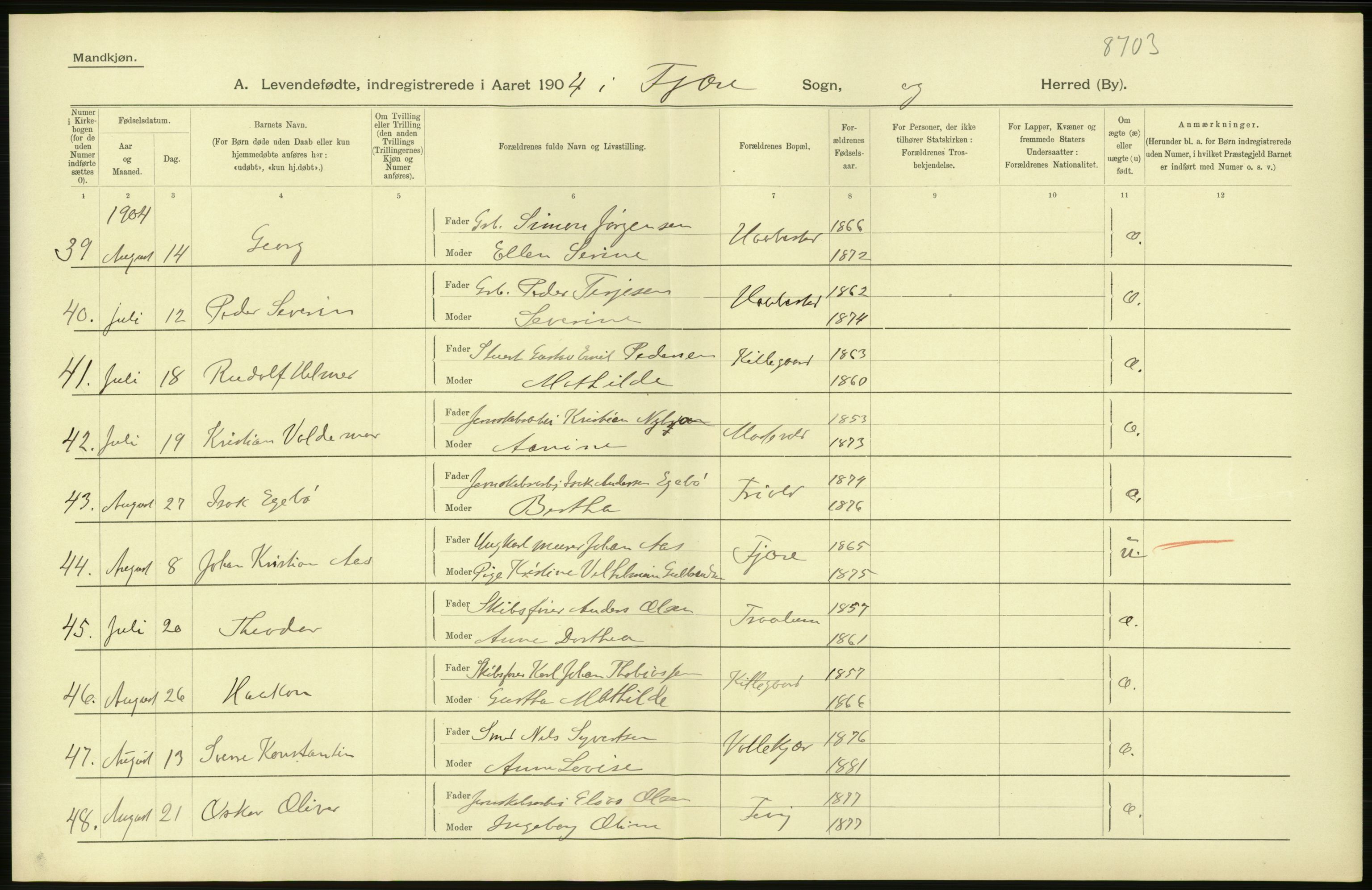 Statistisk sentralbyrå, Sosiodemografiske emner, Befolkning, AV/RA-S-2228/D/Df/Dfa/Dfab/L0010: Nedenes amt: Fødte, gifte, døde, 1904, p. 38