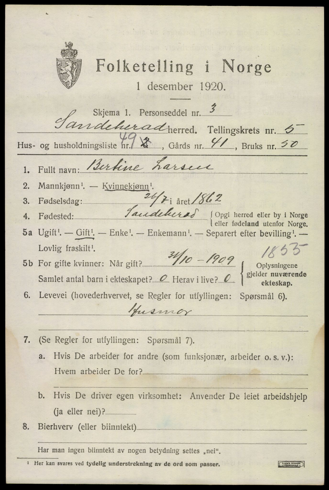 SAKO, 1920 census for Sandeherred, 1920, p. 8638