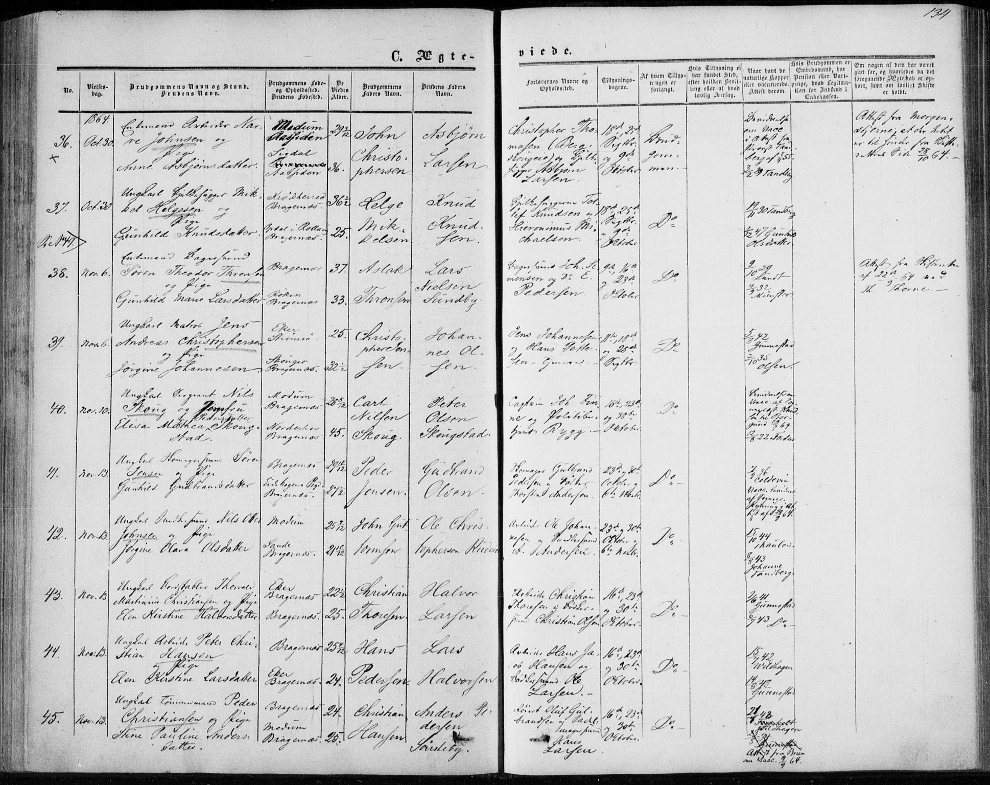 Bragernes kirkebøker, AV/SAKO-A-6/F/Fc/L0002: Parish register (official) no. III 2, 1854-1865, p. 134