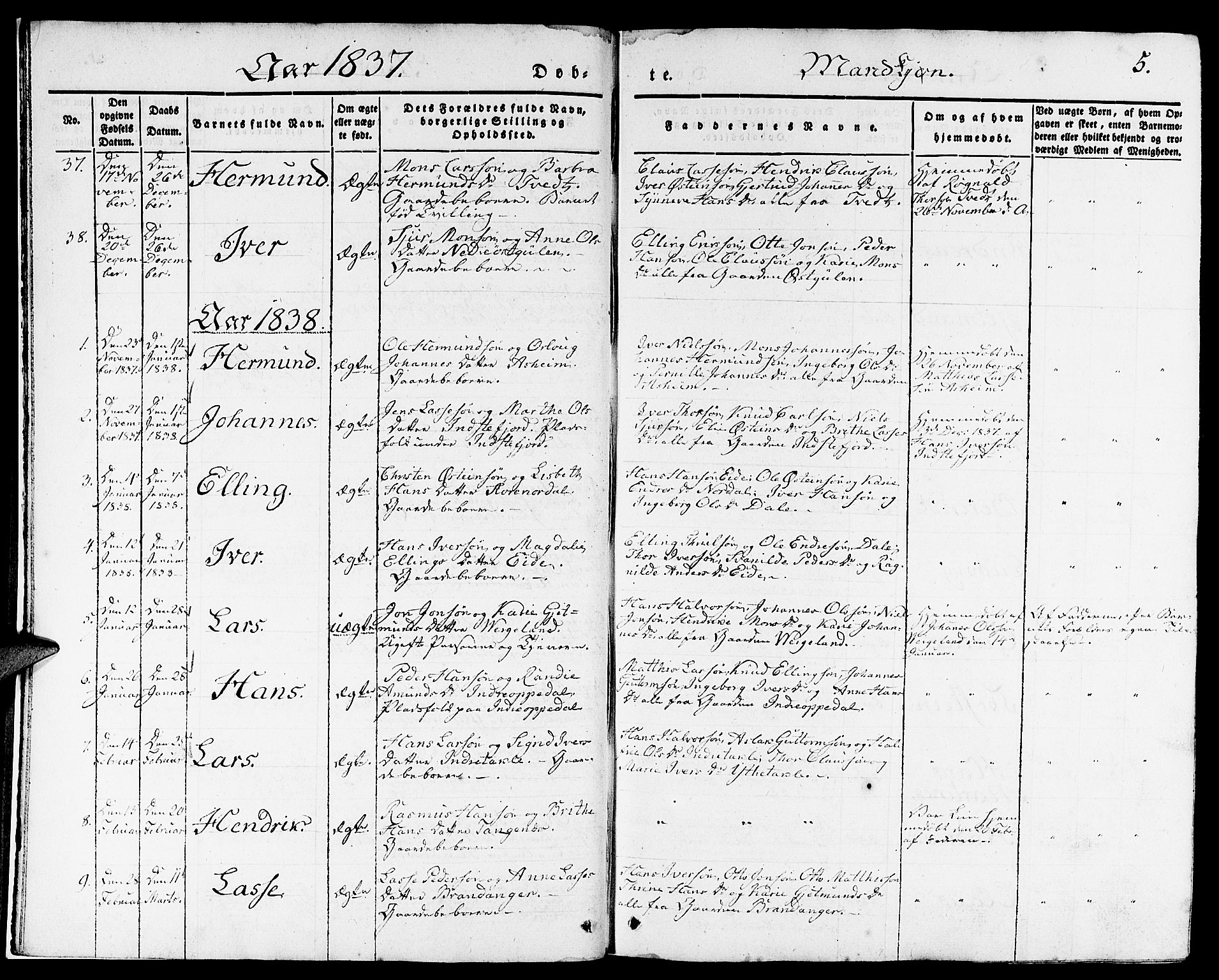 Gulen sokneprestembete, SAB/A-80201/H/Haa/Haaa/L0020: Parish register (official) no. A 20, 1837-1847, p. 5