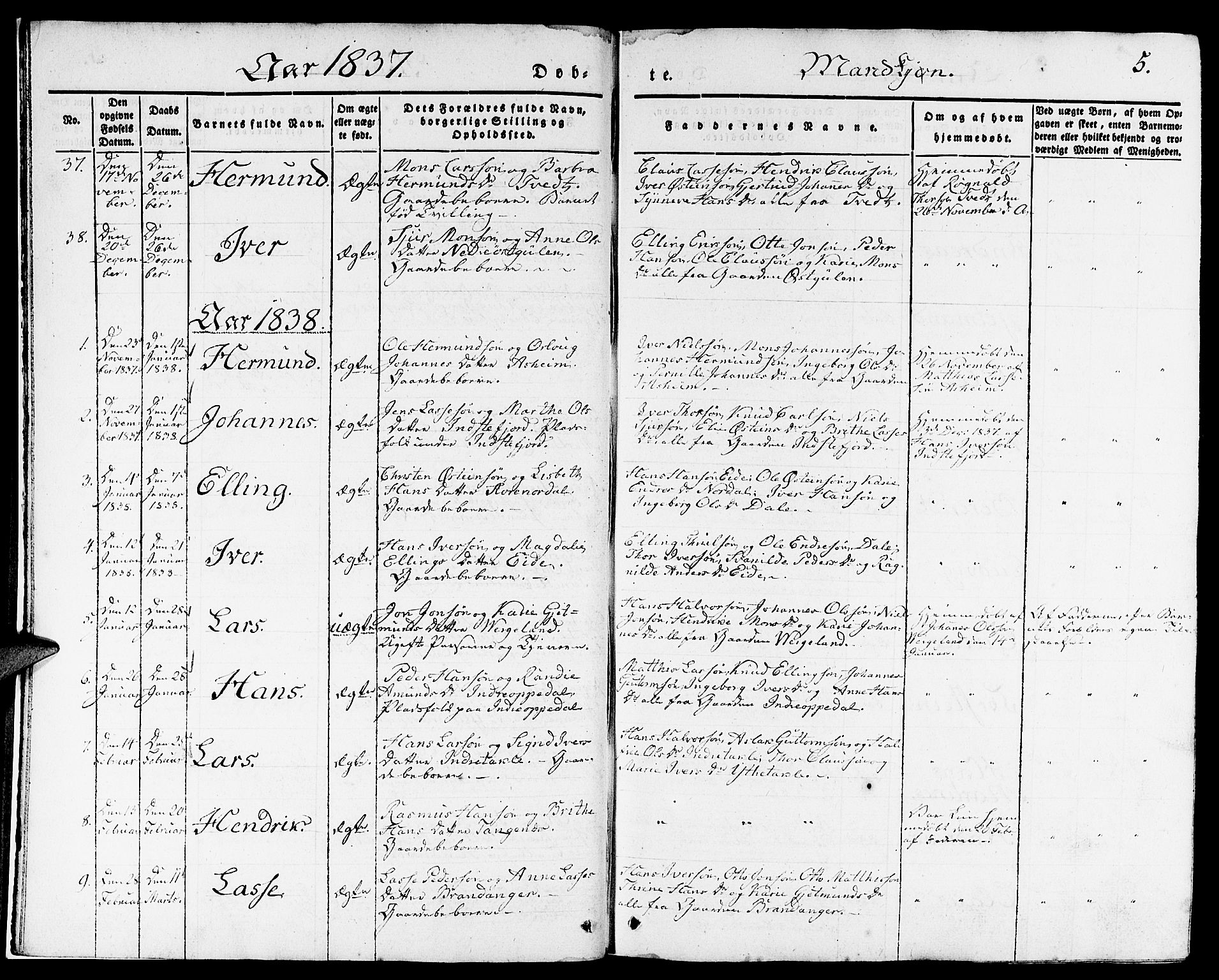 Gulen sokneprestembete, AV/SAB-A-80201/H/Haa/Haaa/L0020: Parish register (official) no. A 20, 1837-1847, p. 5