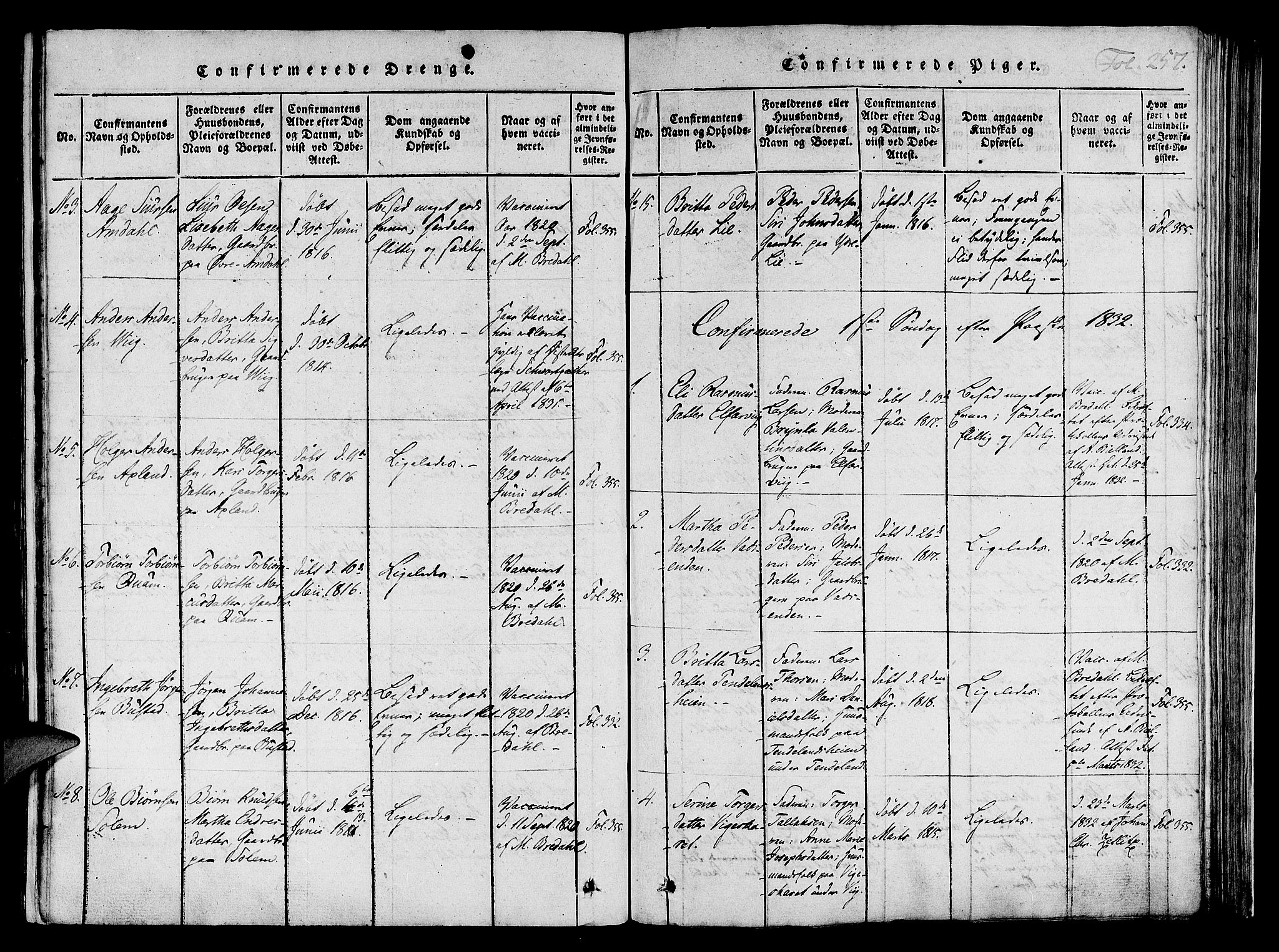 Nedstrand sokneprestkontor, SAST/A-101841/01/IV: Parish register (official) no. A 6, 1816-1838, p. 257