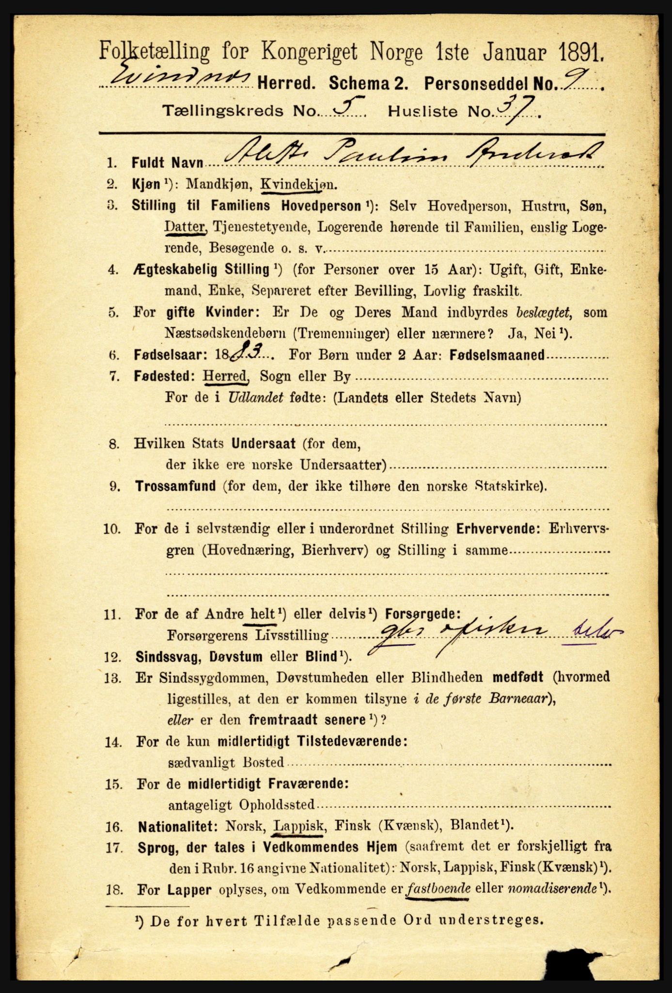 RA, 1891 census for 1853 Evenes, 1891, p. 1882