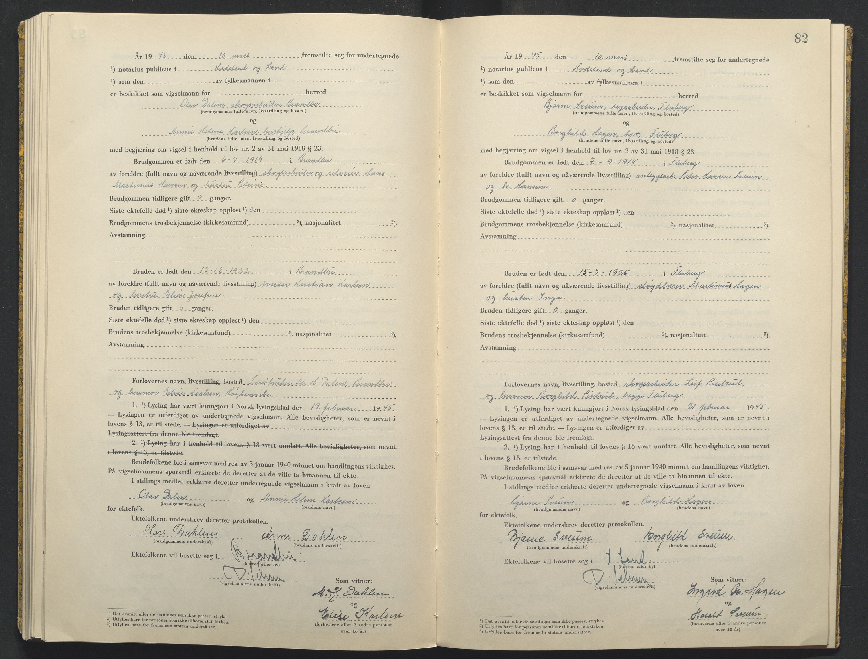 Hadeland og Land tingrett, AV/SAH-TING-010/L/Lb/L0003: Vigselbok, 1944-1946, p. 82