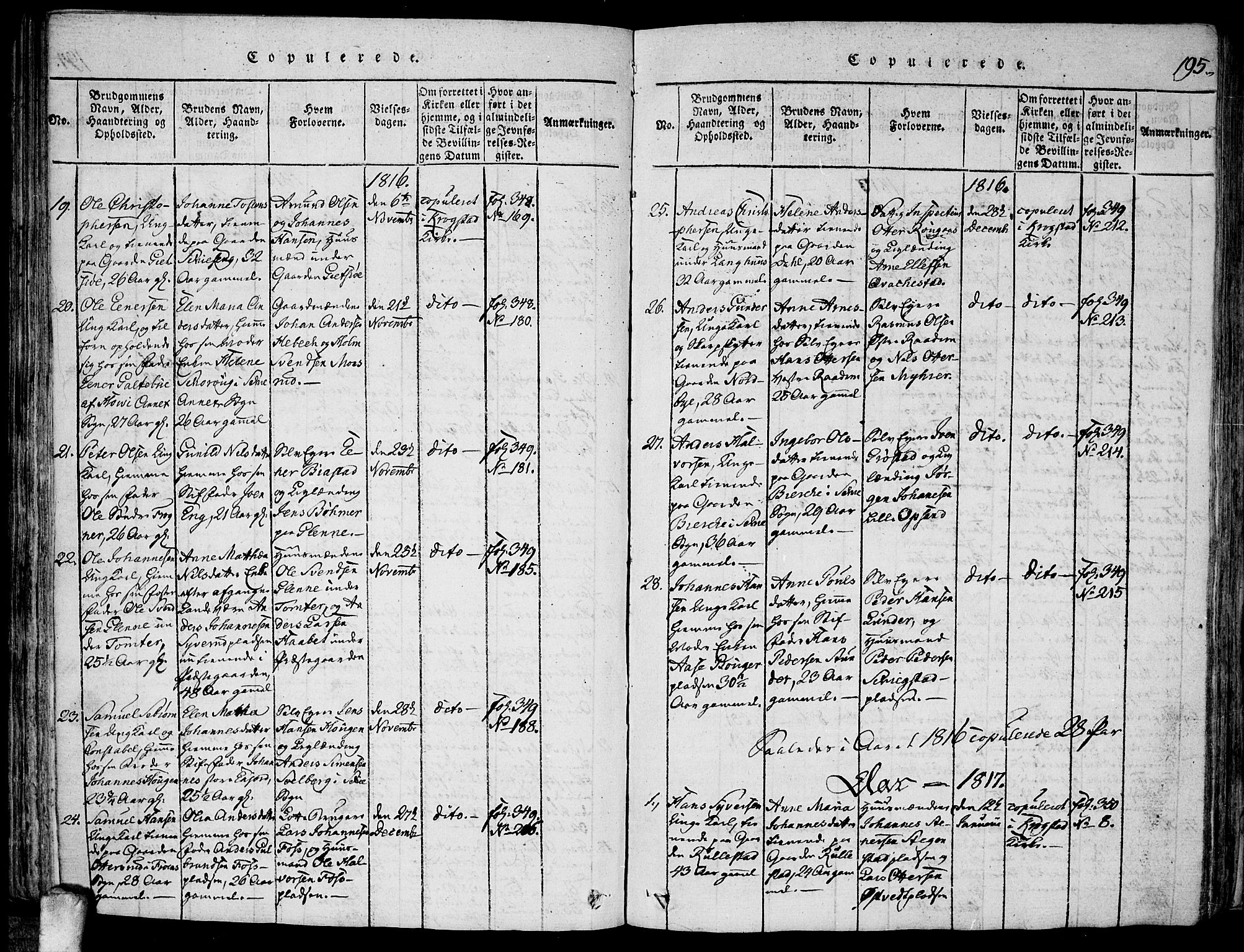 Kråkstad prestekontor Kirkebøker, SAO/A-10125a/F/Fa/L0003: Parish register (official) no. I 3, 1813-1824, p. 195
