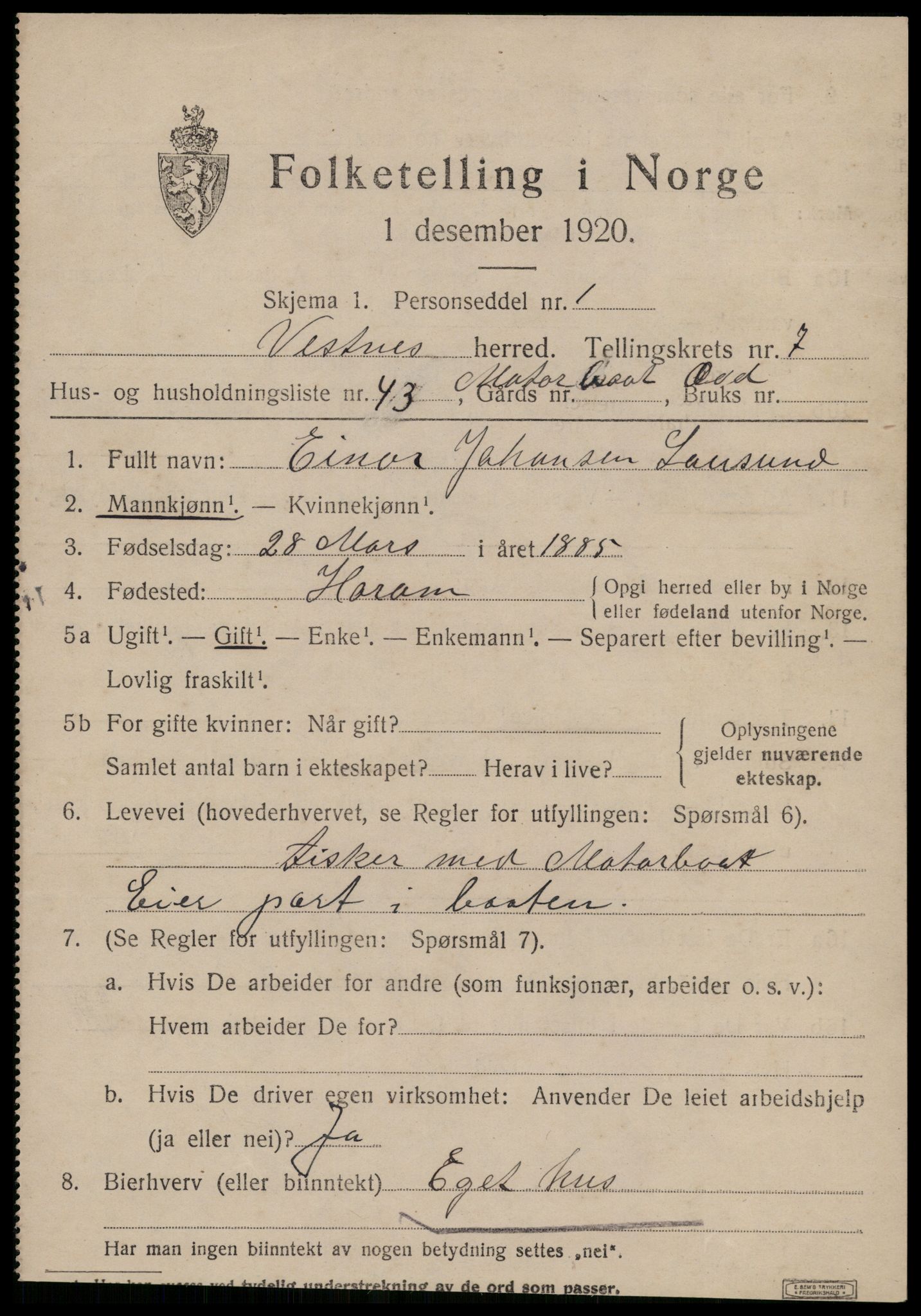 SAT, 1920 census for Vestnes, 1920, p. 5577